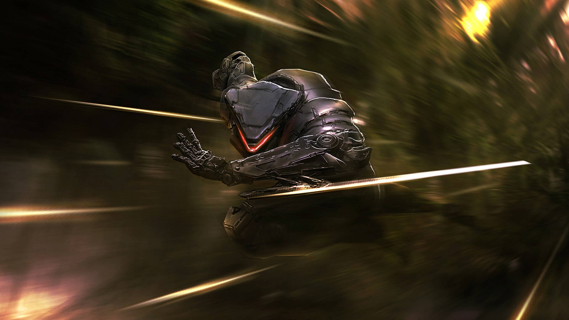 anthem 4K 桌布 壁紙 — 一個未來風格的裝甲戰士，閃爍著紅色眼睛，在金色條紋的運動隧道中滑行。