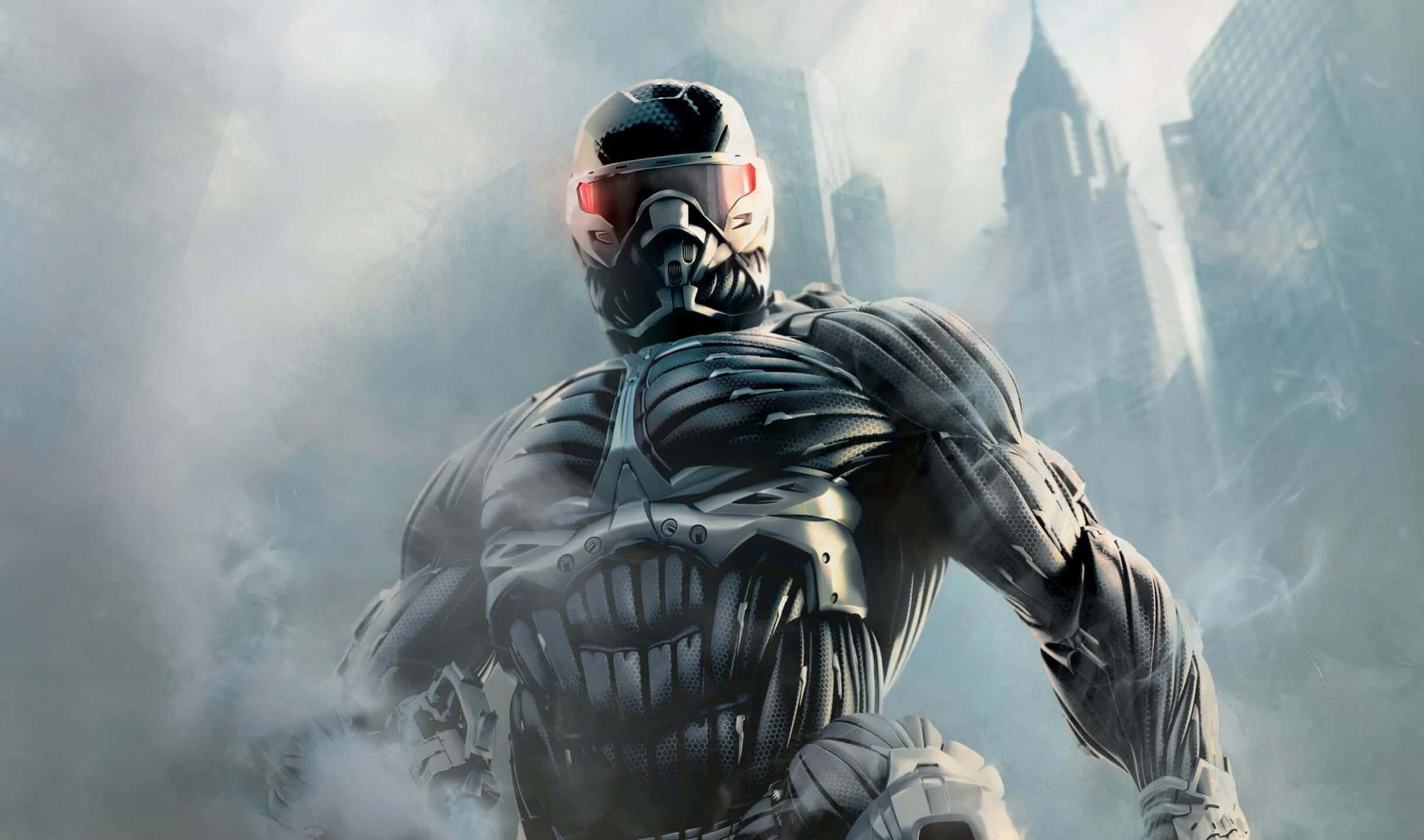2440x1440 Crysis 3 桌布 壁紙 — 一個未來風格的裝甲戰士，雙眼發出紅光，站在煙霧瀰漫的城市廢墟中，背後高樓聳立。