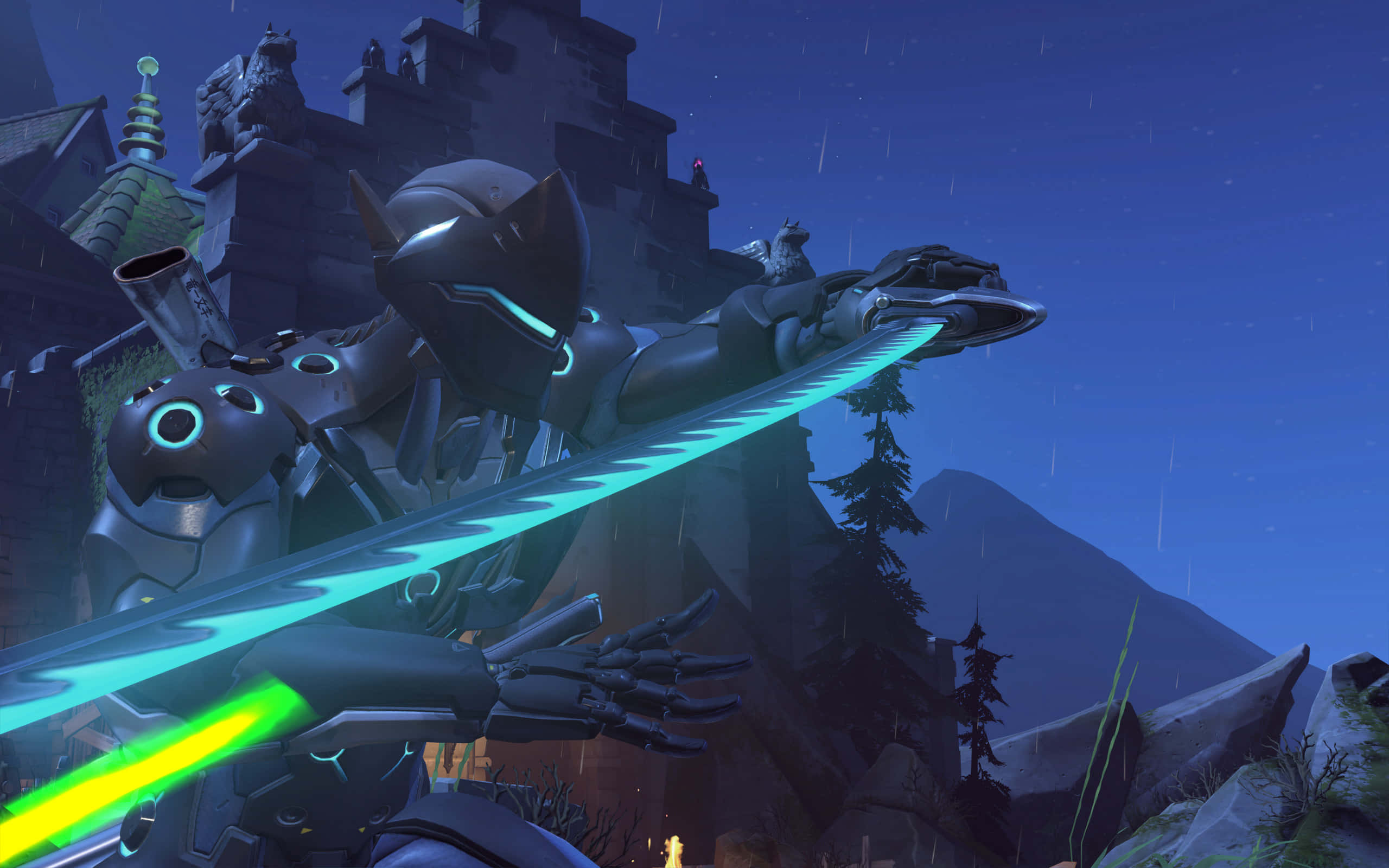 Overwatch Genji 桌布 壁紙 — 一個未來風格的裝甲戰士在城堡上方的雨夜天空下揮舞著發光的刀刃。