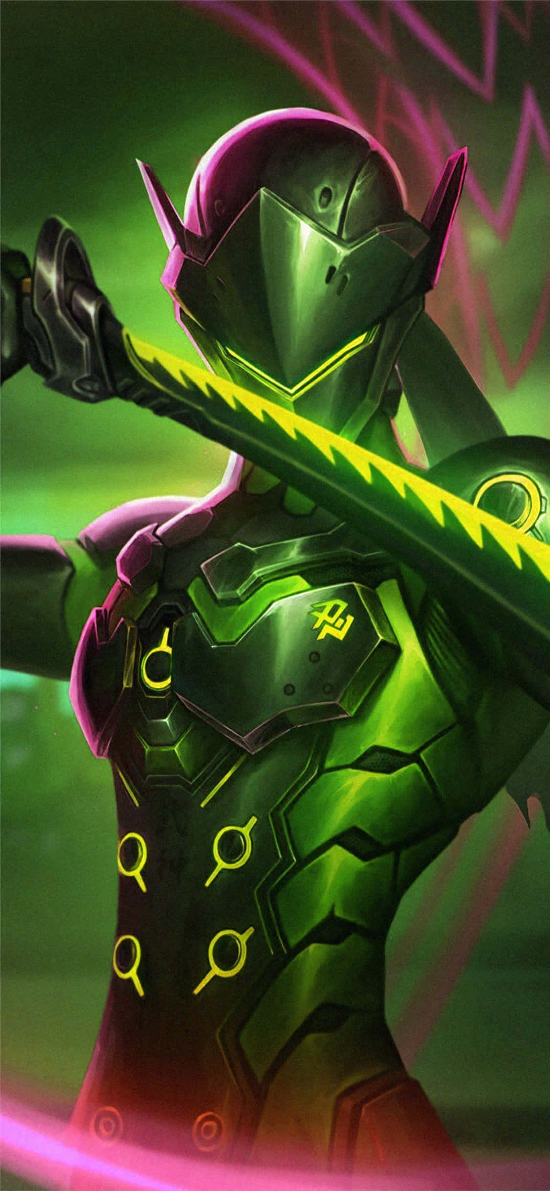 Overwatch Genji 桌布 壁紙 — 一個未來風格的裝甲戰士在霓虹紫和綠色背景中揮舞著發光的綠色劍。