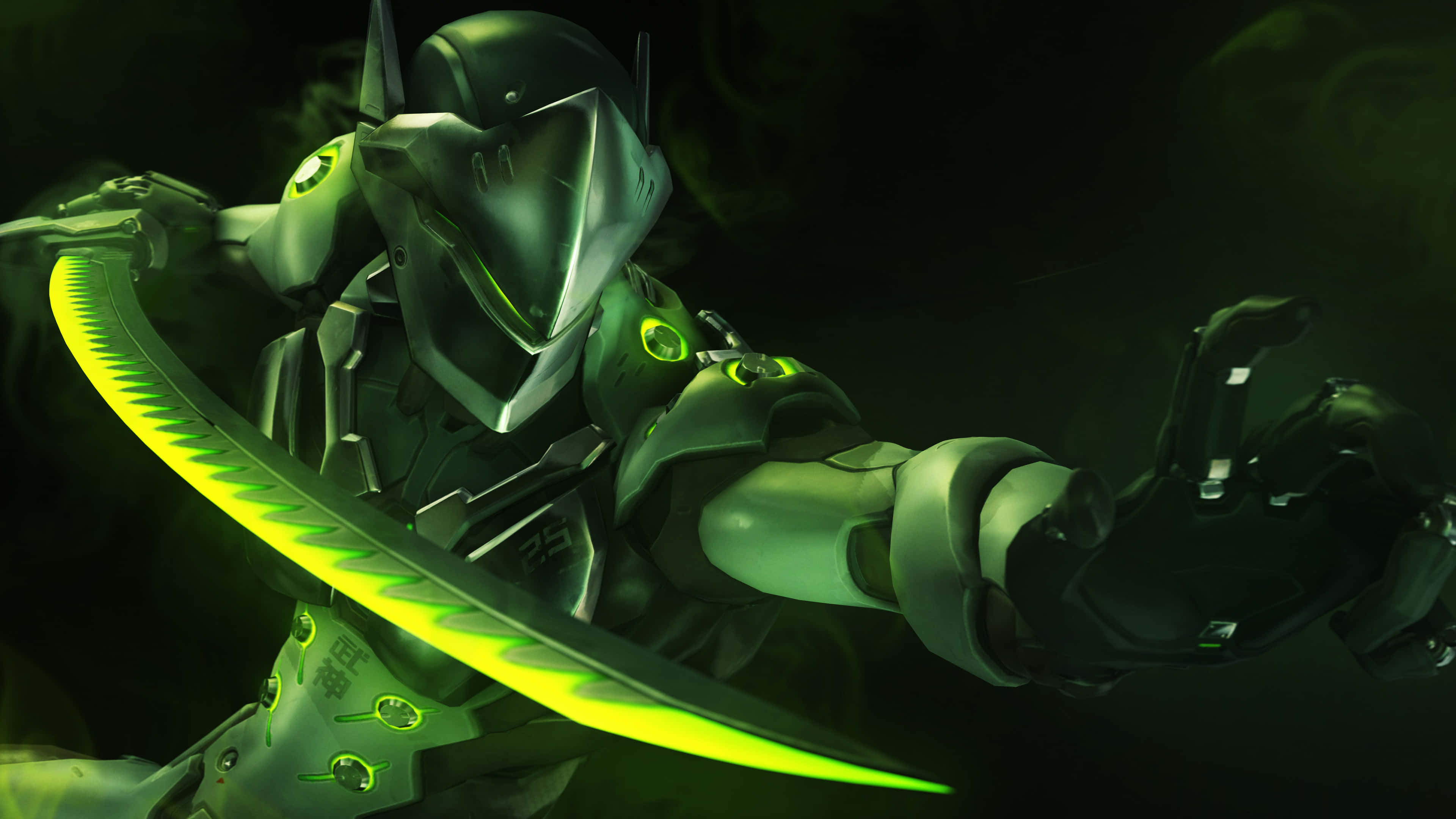 Genji 4K 桌布 壁紙 — 一個未來風格的裝甲戰士在黑暗煙霧環境中揮舞著發光的綠色武士刀。