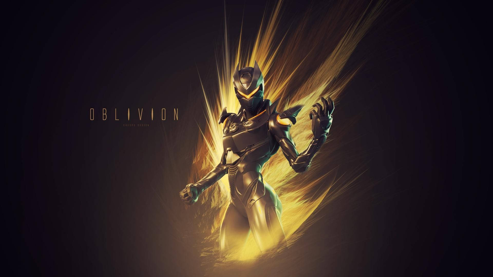 Cool Fortnite 桌布 壁紙 — 一個未來風格的裝甲戰士從金色光芒中出現，背景為黑暗，附近有 oblivion 字樣發光。
