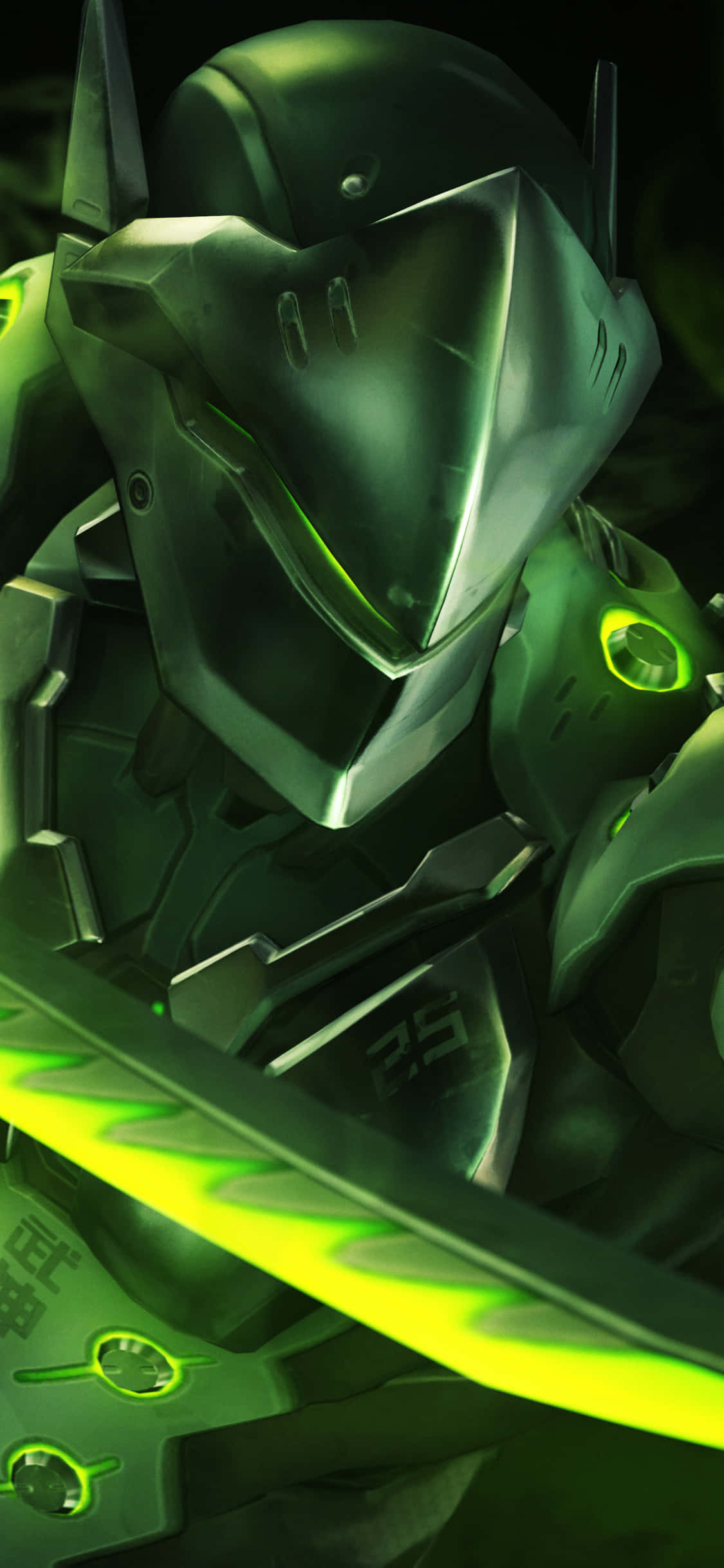Overwatch Genji 桌布 壁紙 — 一個未來風格的裝甲戰士特寫，帶有發光的綠色點綴和一把武士刀，背景為深色。
