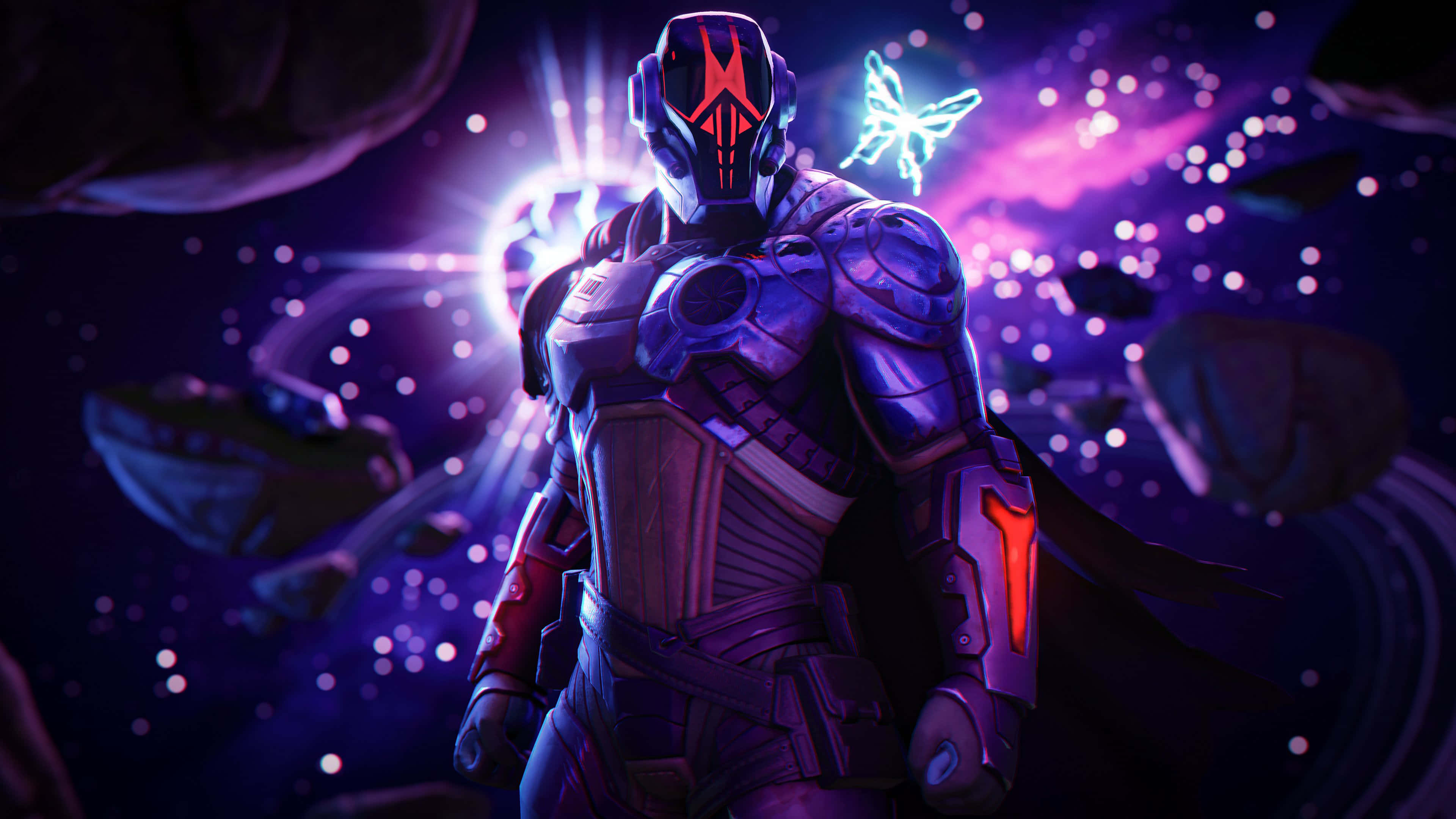 Fortnite 桌布 壁紙 — 一個未來風格的裝甲戰士站在宇宙虛空中，身後有發光的紫色星雲和漂浮的小行星。