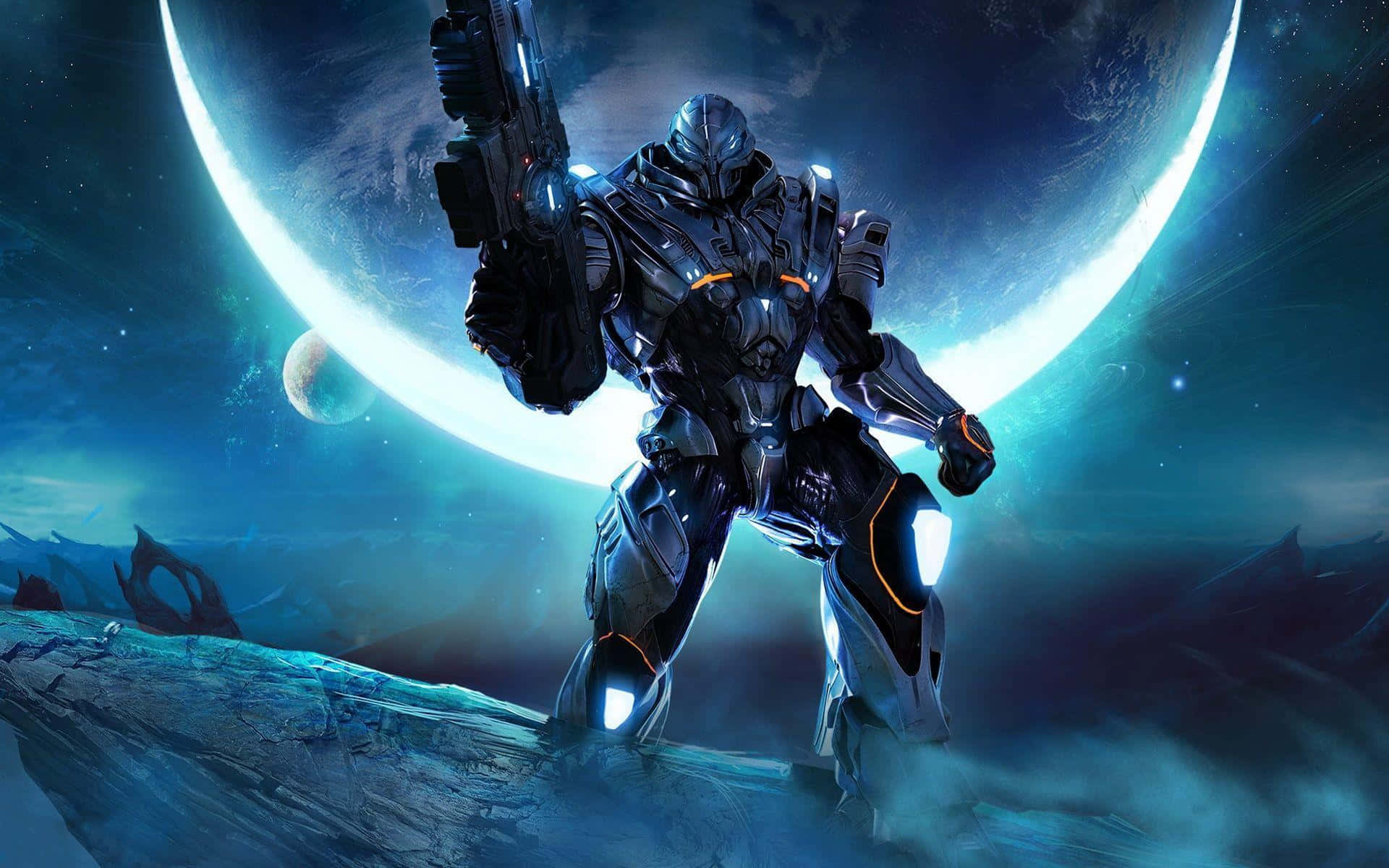 Xbox Games 桌布 壁紙 — 一個未來風格的裝甲戰士站在岩石露頭上，下方是發光的彎月，背景是宇宙景觀。
