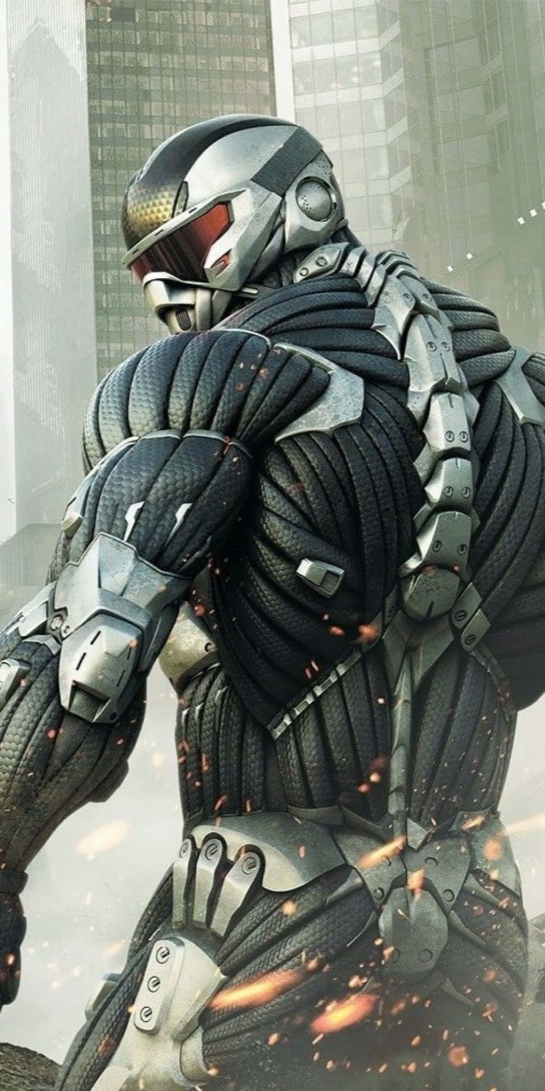 Pixel 3 Crysis 3 桌布 壁紙 — 一個未來風格的裝甲戰士站在煙霧瀰漫的城市峽谷中，火花在他飽經戰鬥的戰衣周圍飛舞。