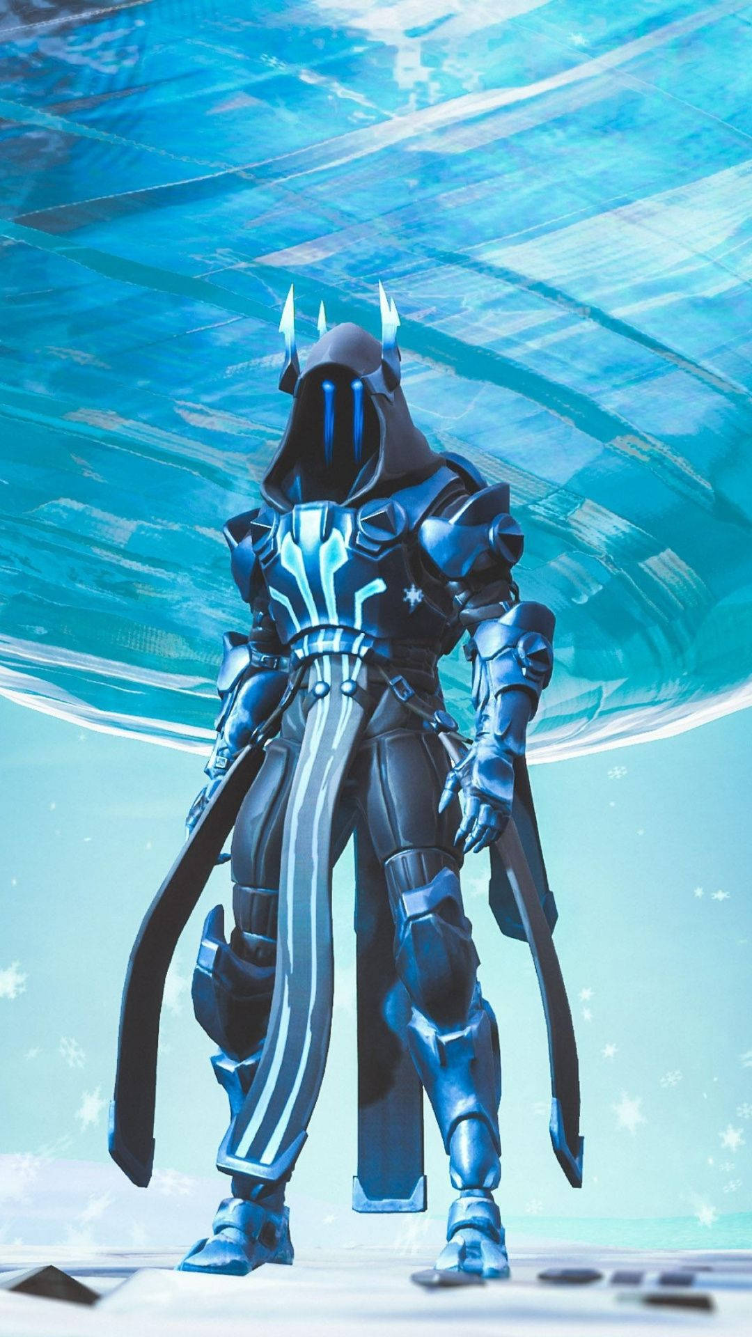 Fortnite 桌布 壁紙 — 一個未來風格的裝甲戰士站在科幻環境中發光的藍色圓頂下。