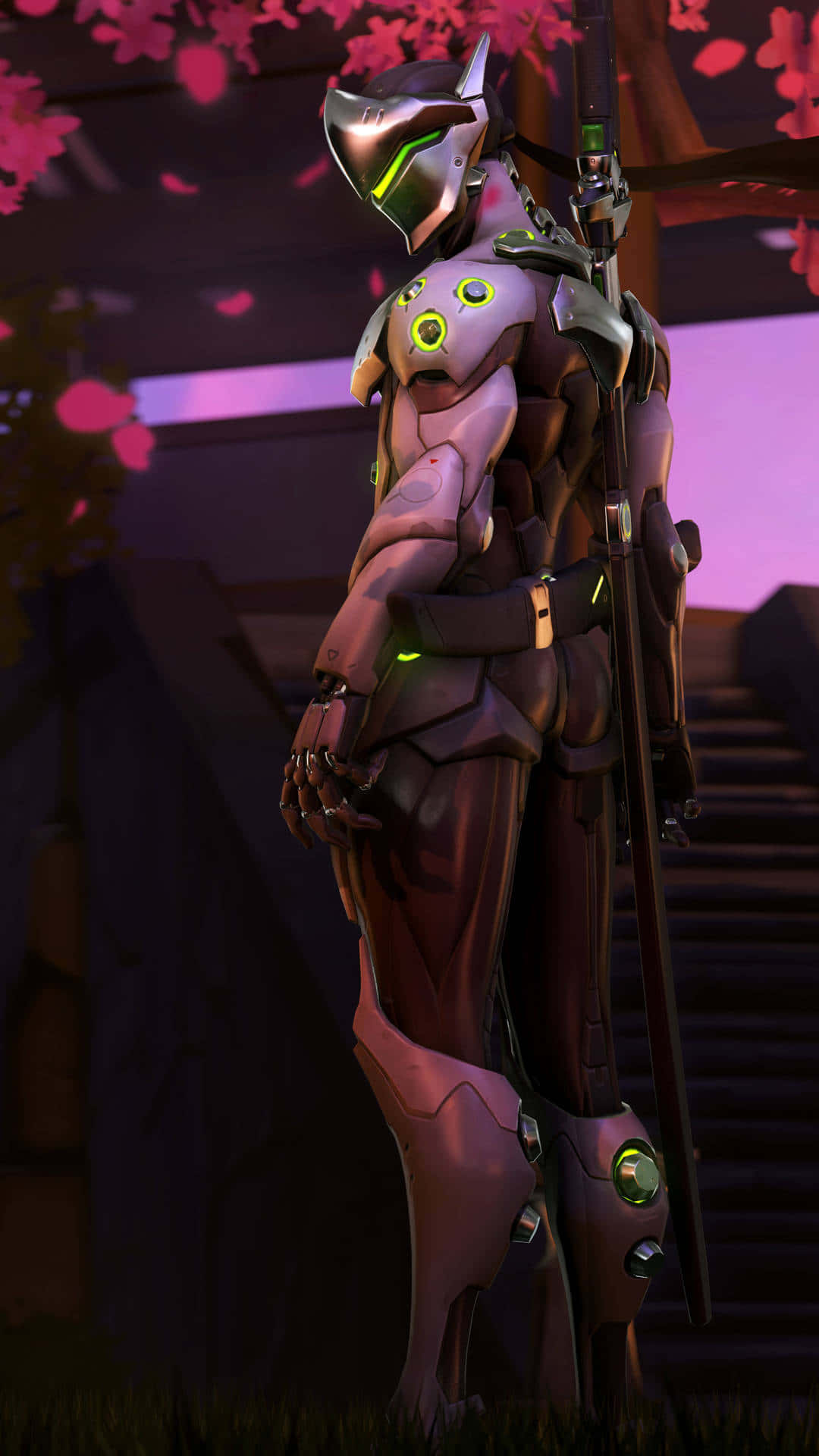 Overwatch Genji 桌布 壁紙 — 一個未來風格的裝甲戰士站在粉紅櫻花下，帶有發光的綠色點綴，背景是暮色天空。