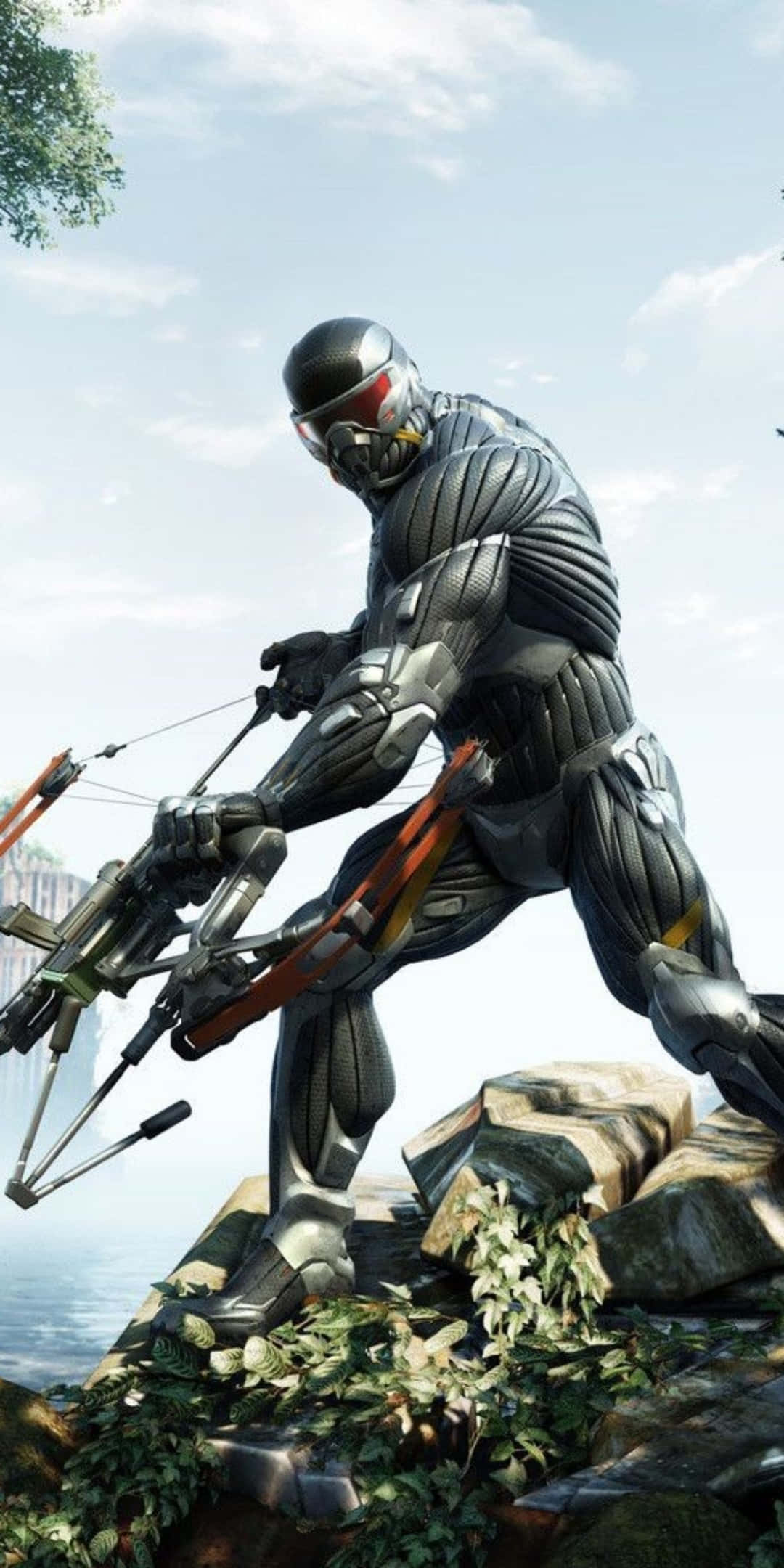 Pixel 3 Crysis 3 桌布 壁紙 — 一個未來風格的裝甲戰士蹲在岩石地形上，在明亮的天空下拿著一把高科技十字弓。