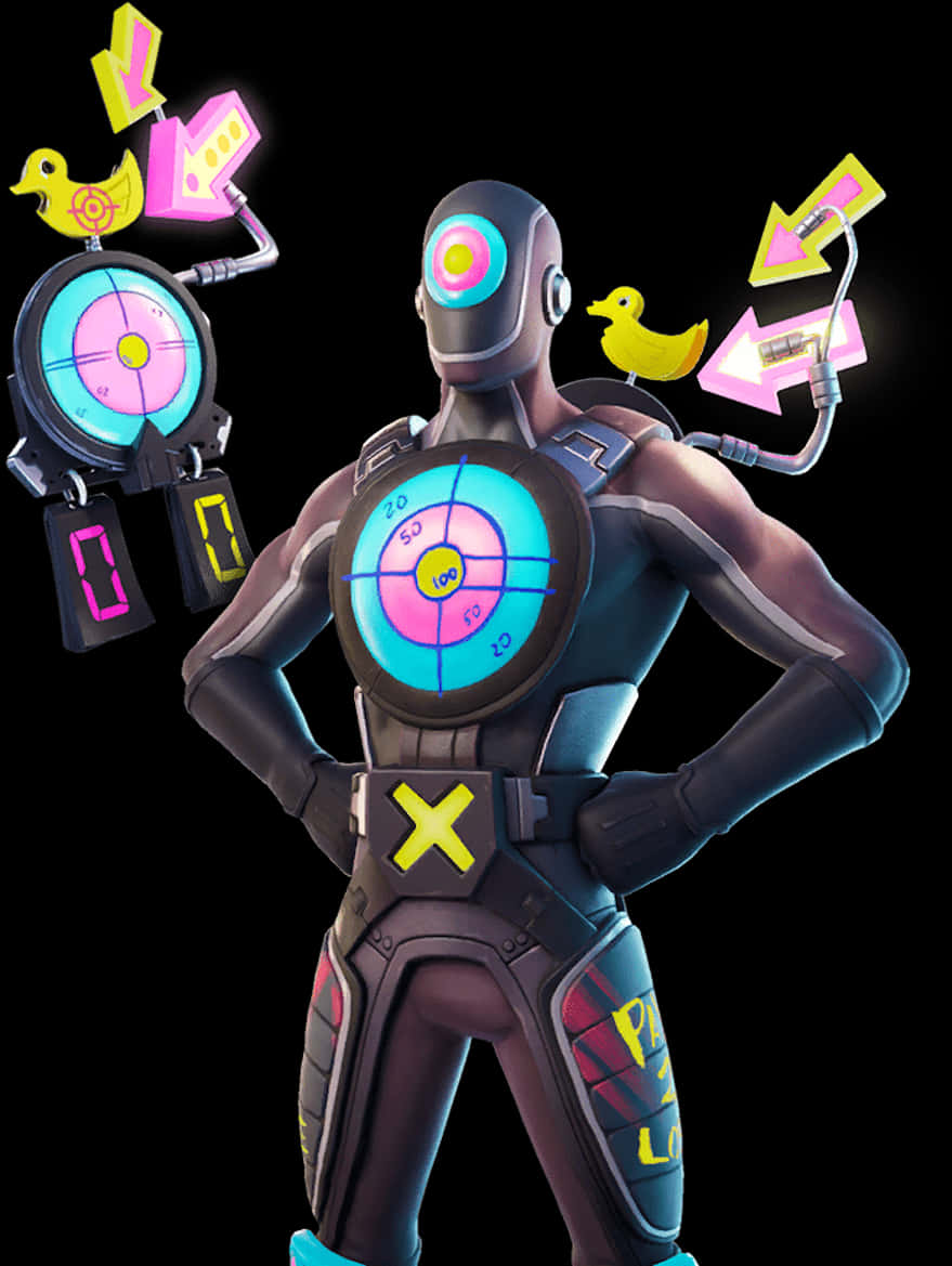 Fortnite Character 桌布 壁紙 — 一個未來風格的裝甲角色，帶有發光的瞄準十字線和黃色鴨子配件，自信地站在黑色背景前。