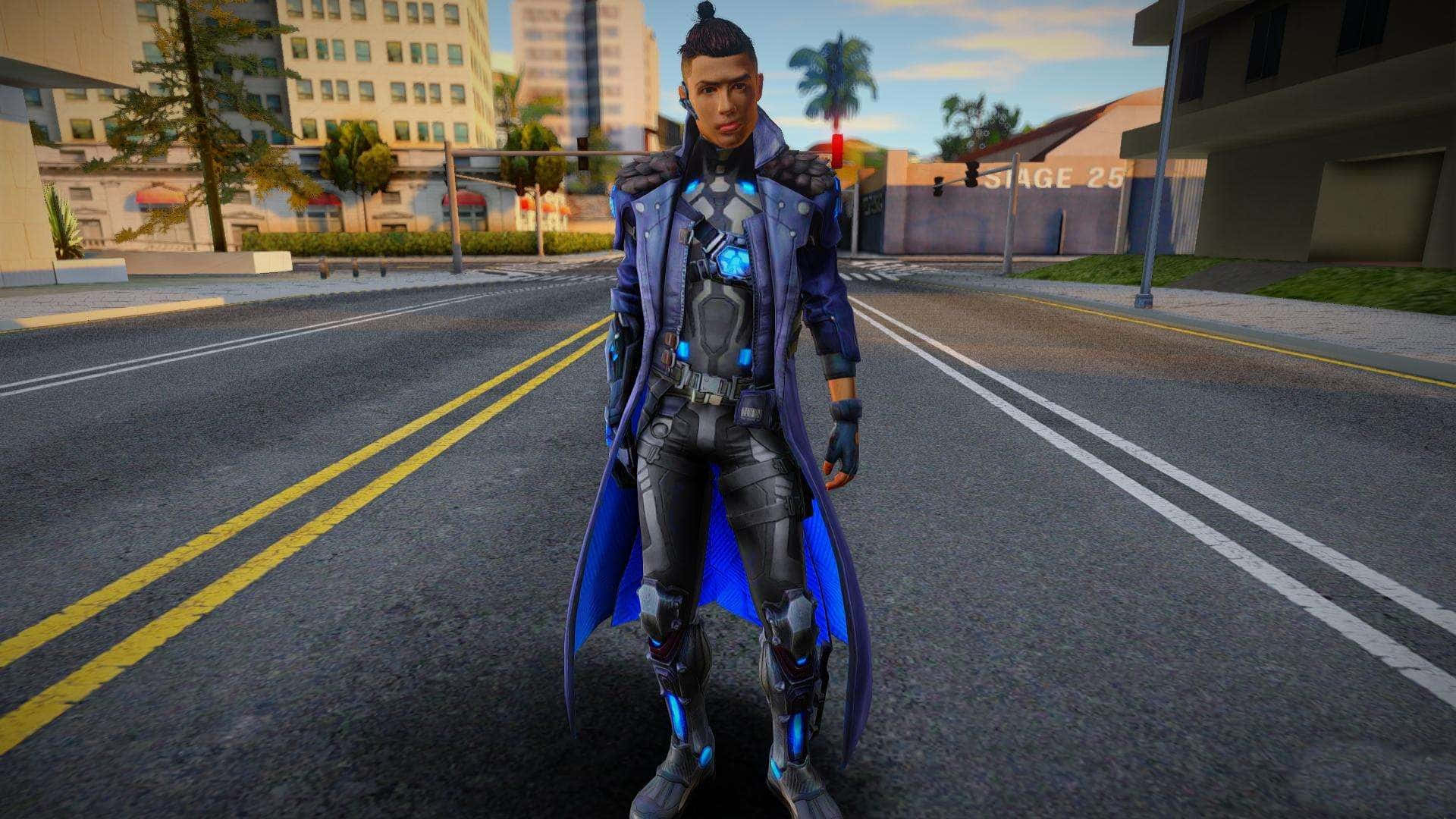 Free Fire Character 桌布 壁紙 — 一個未來風格的裝甲角色，披著藍色斗篷，自信地站在陽光普照的城市街道中央。
