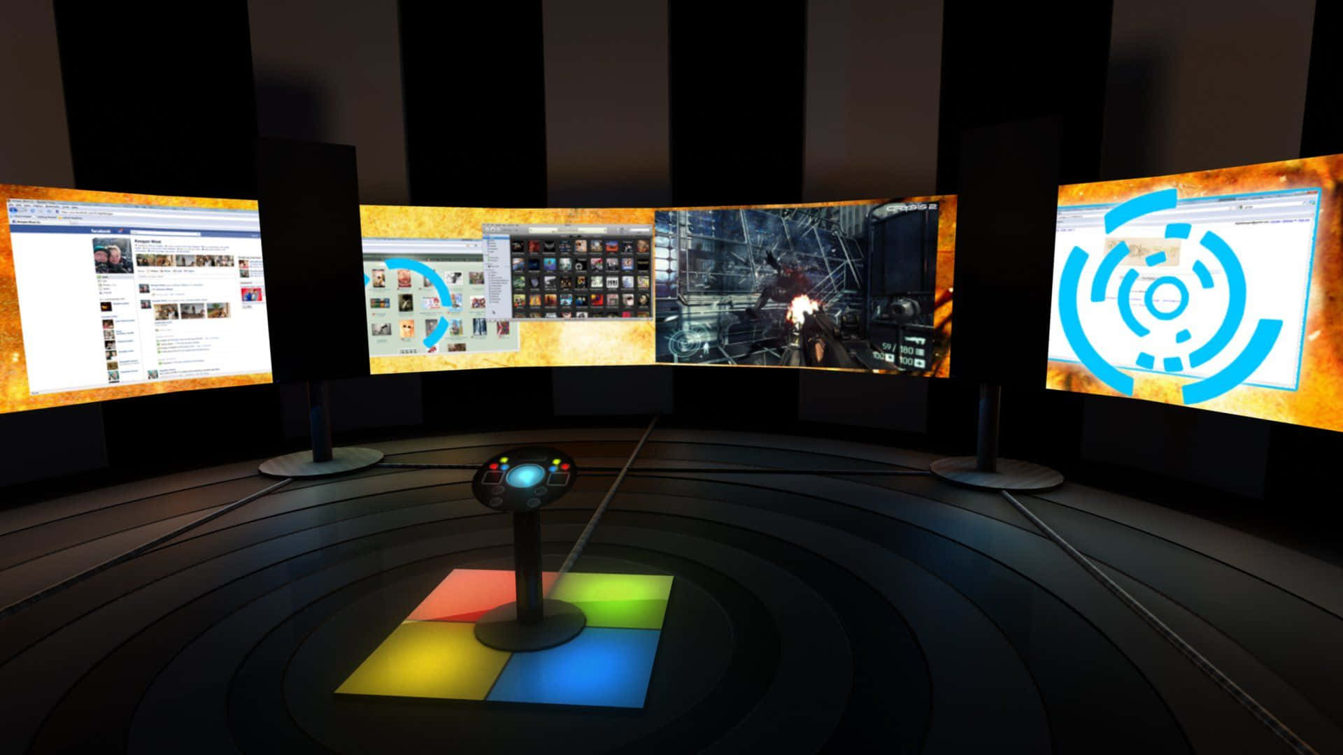 Game Room 桌布 壁紙 — 一個未來風格的遊戲設置，配備曲面顯示器顯示遊戲界面，以及在黑暗房間中發光的顏色編碼平台。