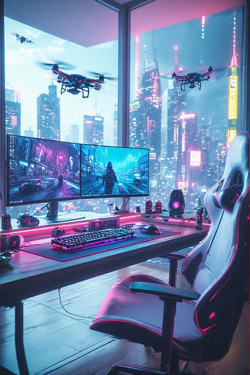 Neon Cyberpunk Gaming Setup Wallpaper 4K 壁紙 — 一個未來風格的遊戲設置，配備雙顯示器和發光周邊設備，俯瞰著霓虹燈閃爍的賽博龐克城市景觀，其中有飛行的無人機。