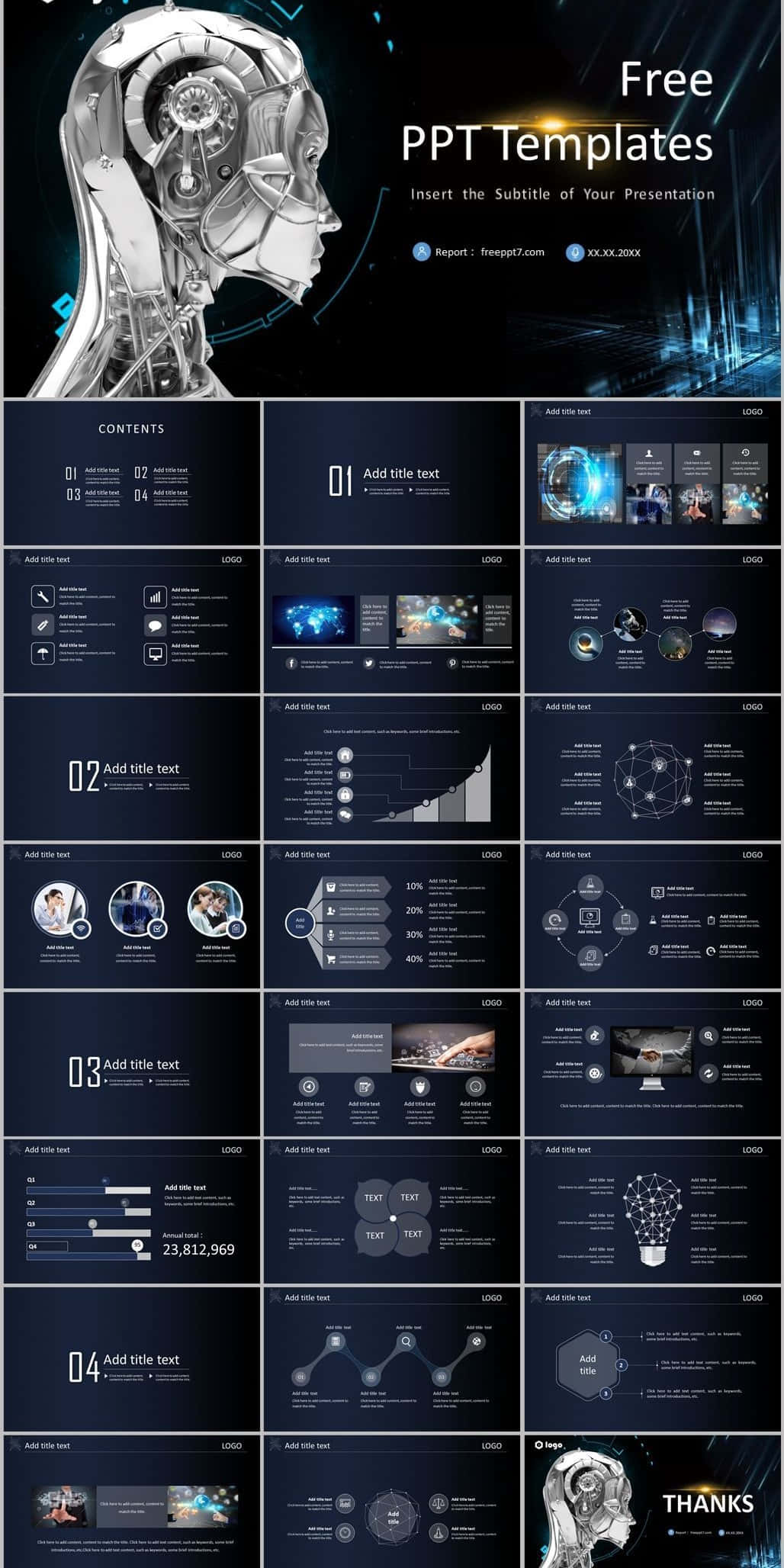 Gaming AI 桌布 壁紙 — 一個未來風格的金屬人頭剪影，帶有發光的藍色電路，背景為深色科技主題簡報範本。