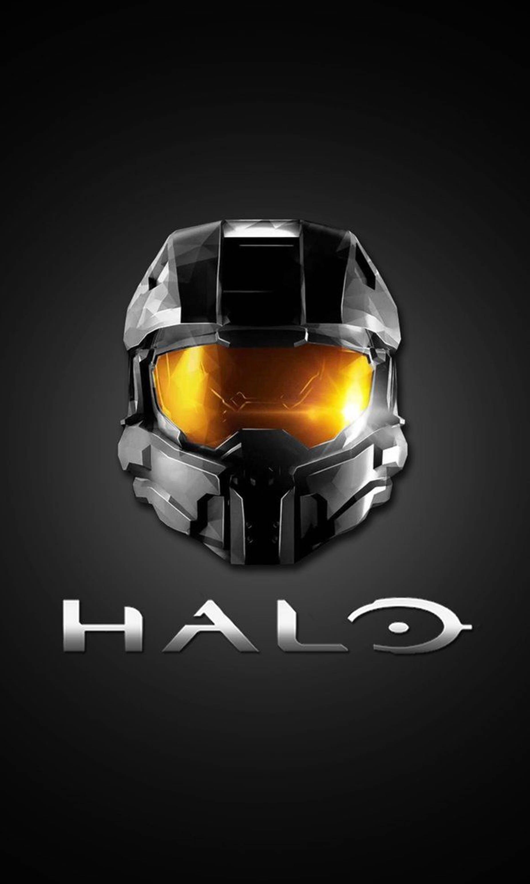 Xbox 桌布 壁紙 — 一個未來風格的銀色頭盔，帶有發光的橙色護目鏡，居中在深色漸變背景上，下方有 'HALO' 標誌。