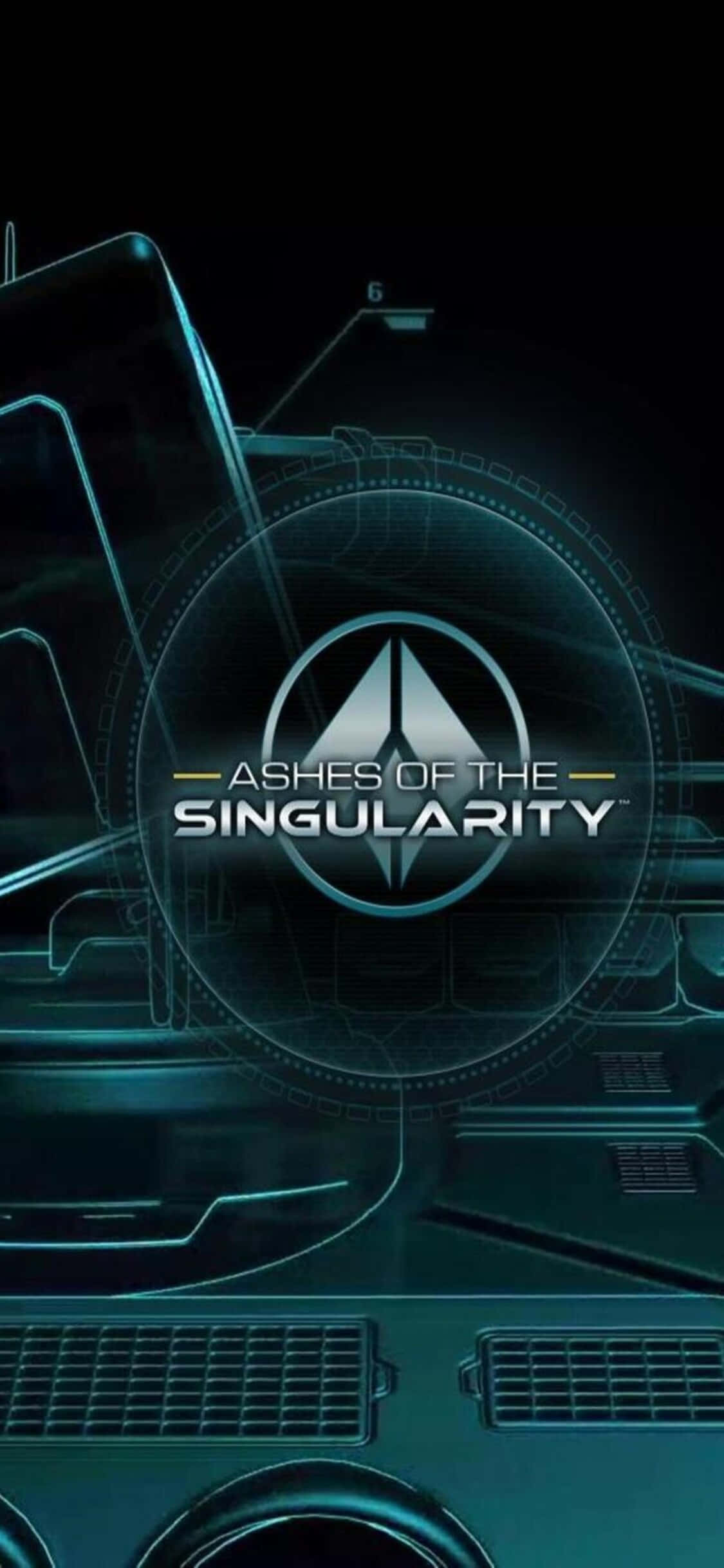iPhone X Ashes Of The Singularity 桌布 壁紙 — 一個未來風格的青綠色駕駛艙介面，在深色背景上顯示「Ashes of the Singularity」標誌。
