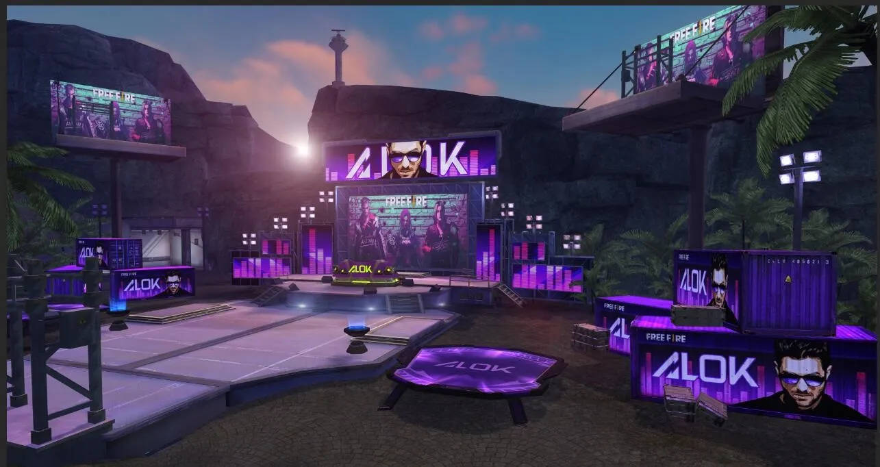 Free Fire Dj Alok 桌布 壁紙 — 一個未來風格的音樂會舞台，沐浴在紫色霓虹燈光中，背景是暮色沙漠峽谷和棕櫚樹。