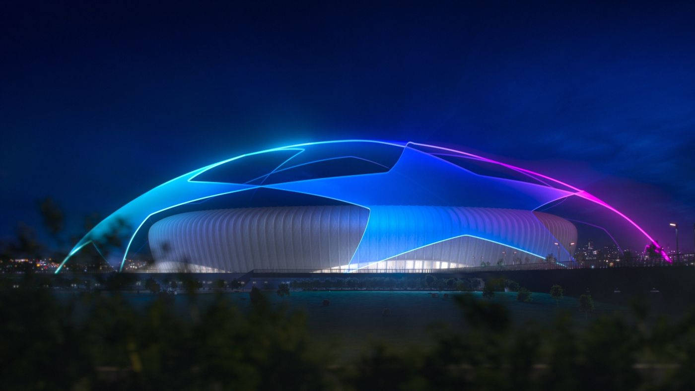 Uefa 桌布 壁紙 — 一個未來風格的體育場在黑暗的夜空中閃耀著充滿活力的藍色和紫色霓虹燈。