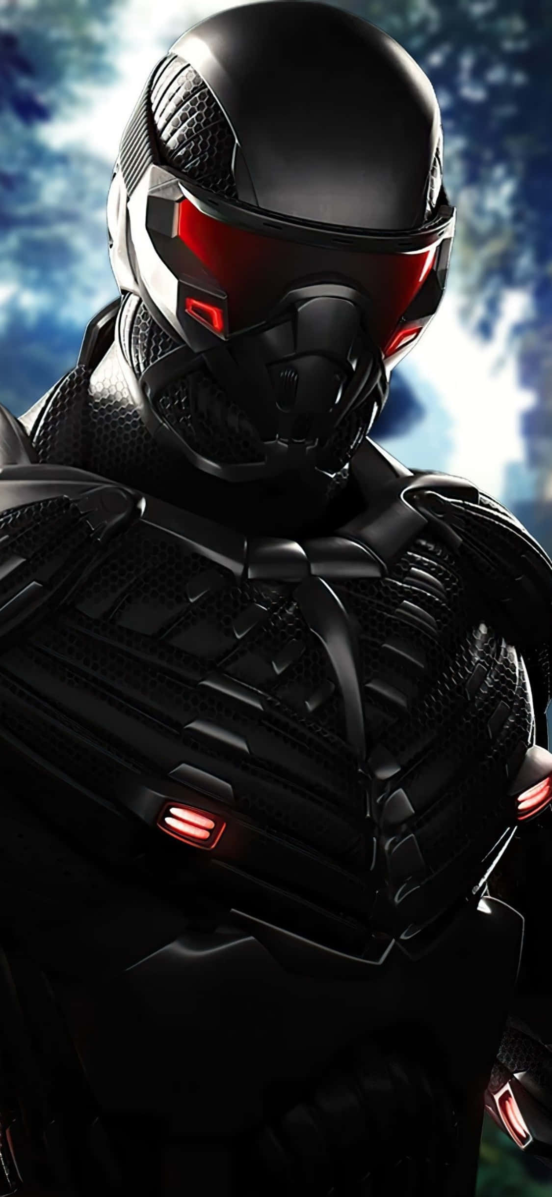 iPhone Xs Crysis Warhead 桌布 壁紙 — 一個未來風格的黑色裝甲戰士，擁有發光的紅色眼睛和胸部燈光，站在暴風雨的天空下。