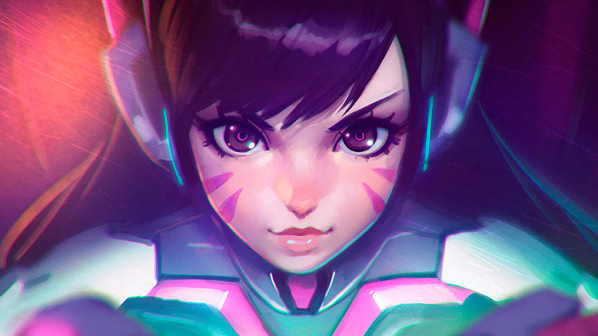 Overwatch 桌布 壁紙 — 一個未來風格裝備中帶有發光粉紅和藍綠色點綴的賽博龐克動漫女孩特寫。