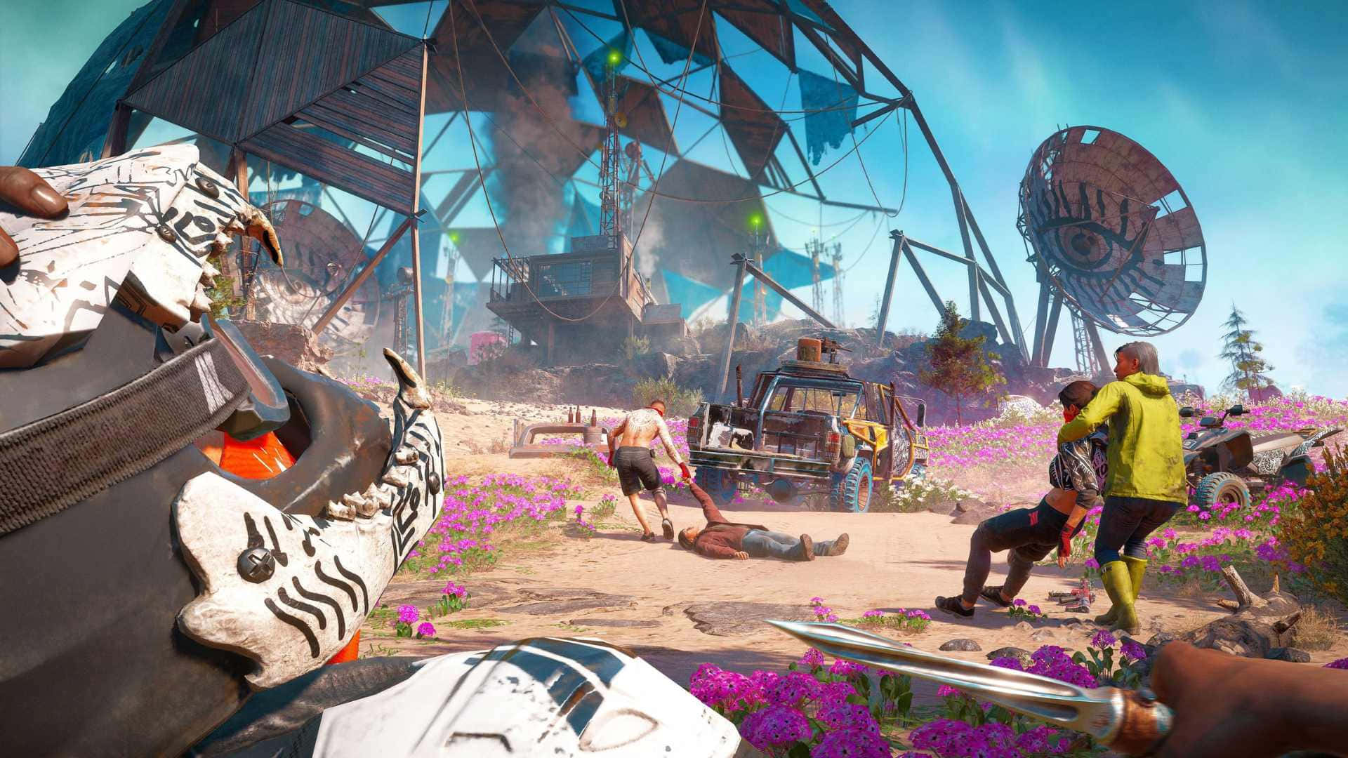 HD Far Cry New Dawn 桌布 壁紙 — 一個末日後的場景，倖存者在荒原上，點綴著紫色花朵和巨大的破碎建築，在明亮的藍天下。