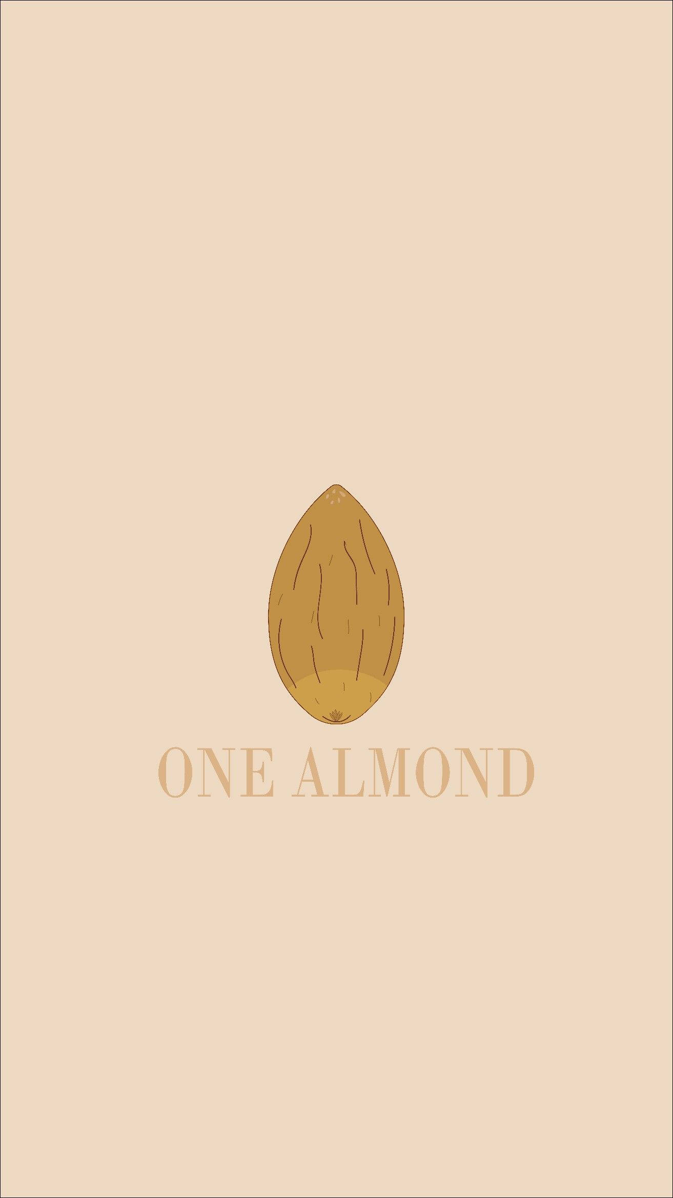 Almond 桌布 壁紙 — 一個杏仁的極簡插圖，居中於米色背景上，下方有文字 one almond。