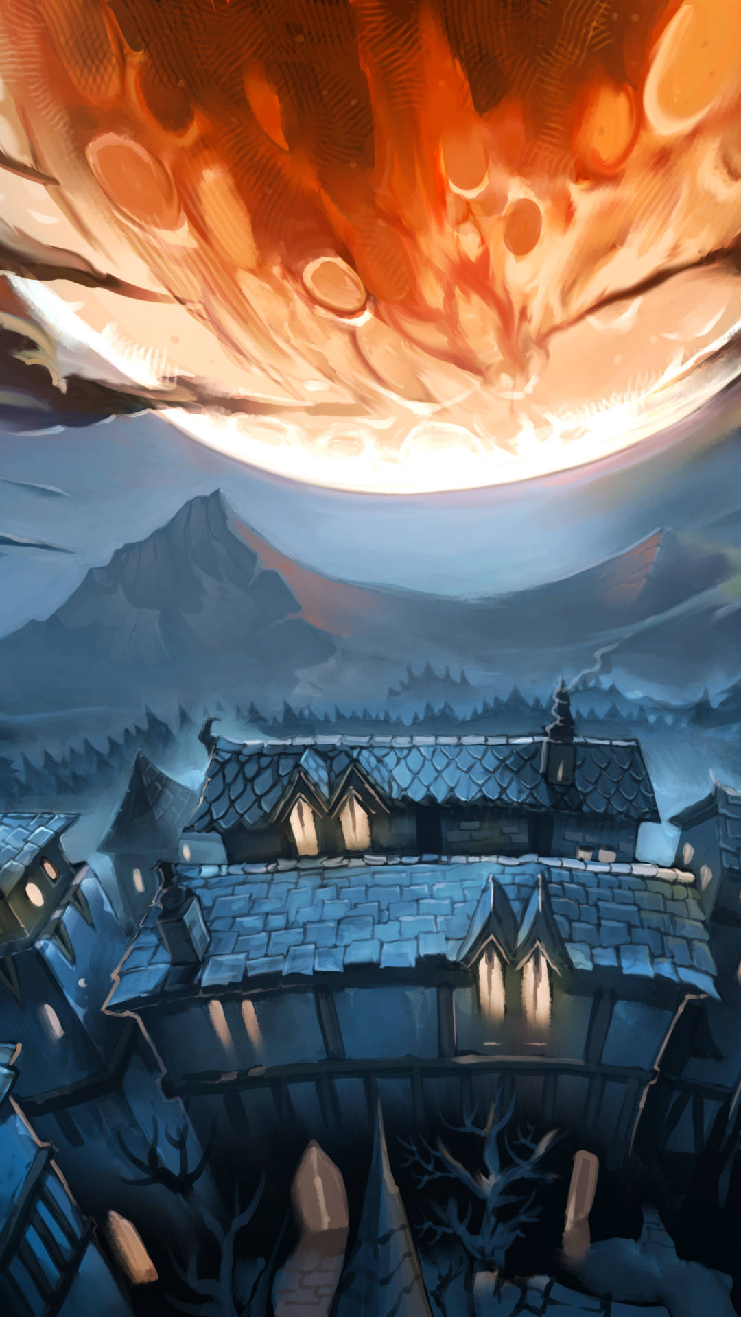 hearthstone phone 桌布 壁紙 — 一個村莊坐落在霧氣繚繞的山巒中，上方是一輪巨大熾熱的月亮，散發著橙色和紅色的光芒。
