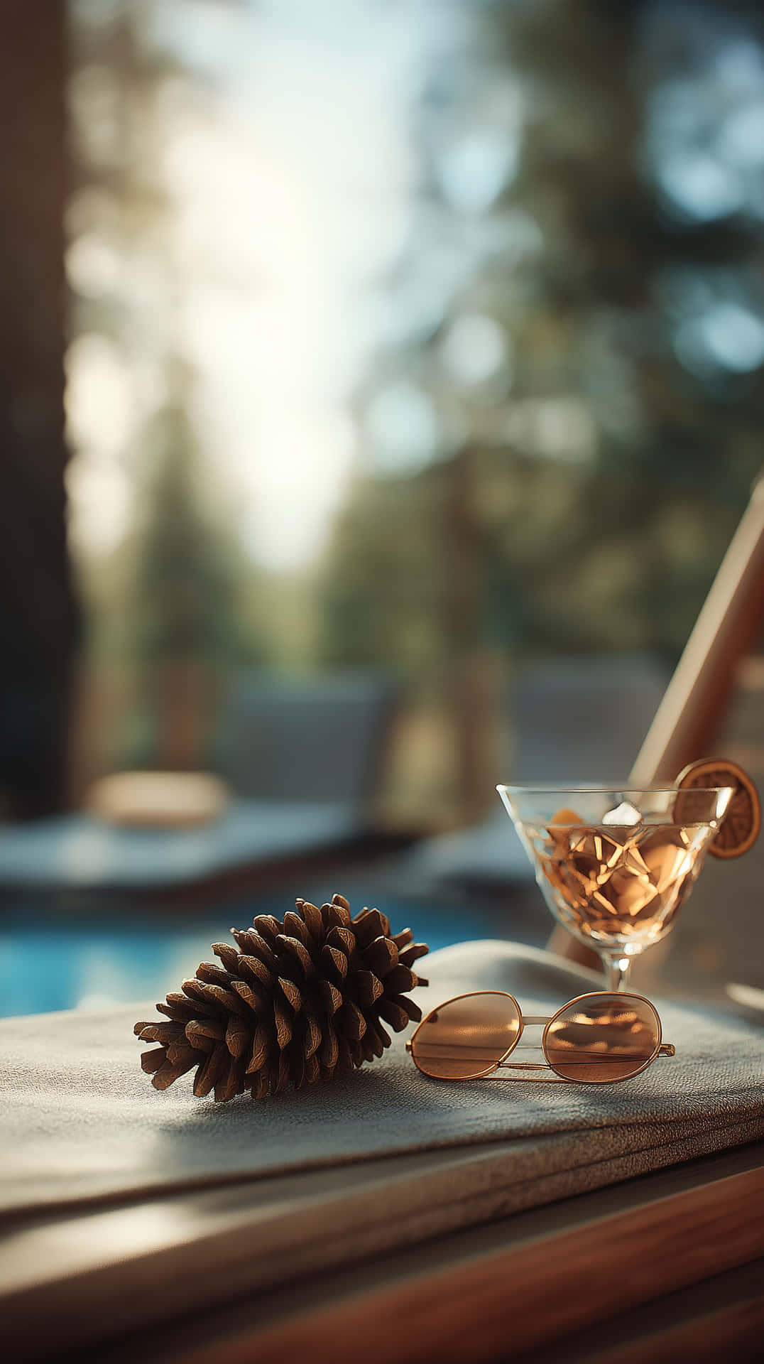 Leisurely Pinecone by the Water with Refreshment 壁紙 — 一個松果和金色邊框太陽眼鏡放在毛巾上的雞尾酒杯旁邊，靠近泳池，背景有模糊的樹木，在柔和陽光下。