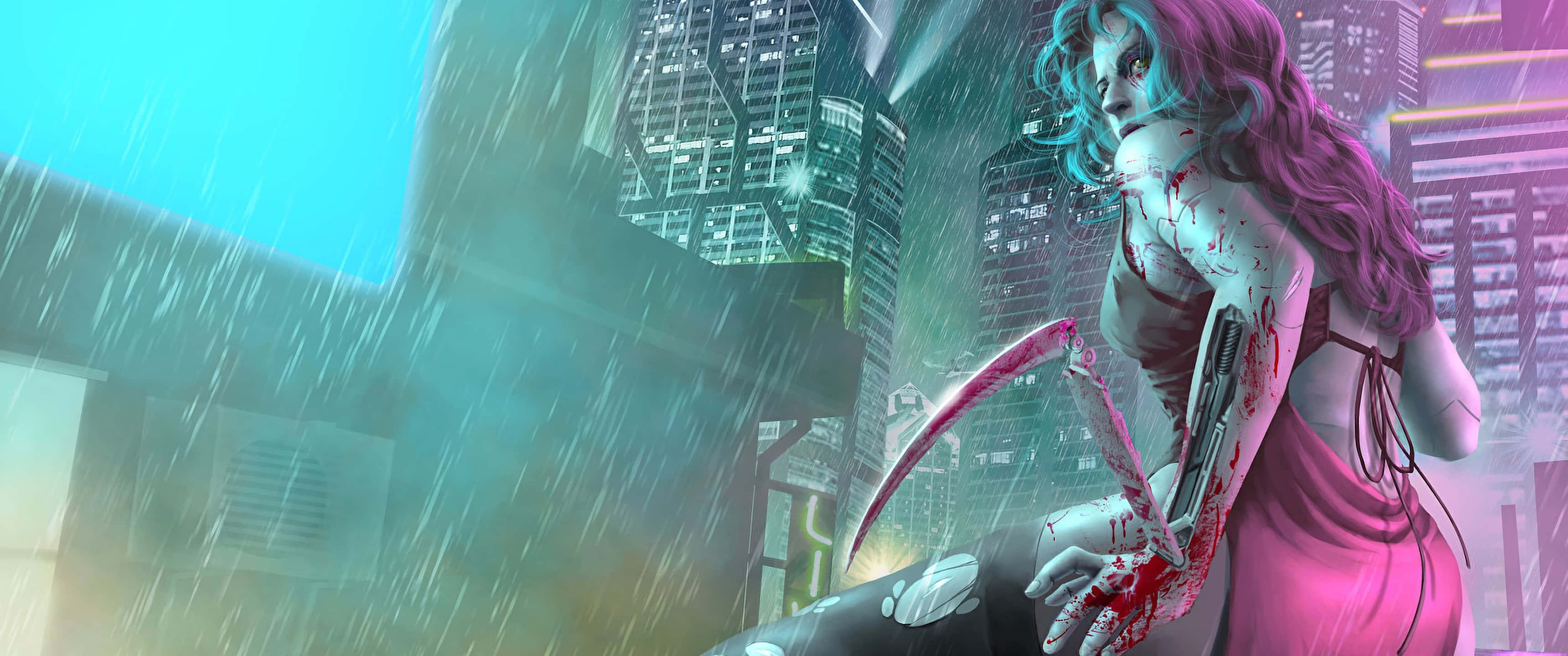 桌布 壁紙 — 一個染血紫髮動漫女性在霓虹浸透的雨夜賽博龐克城市景觀中揮舞鐮刀。