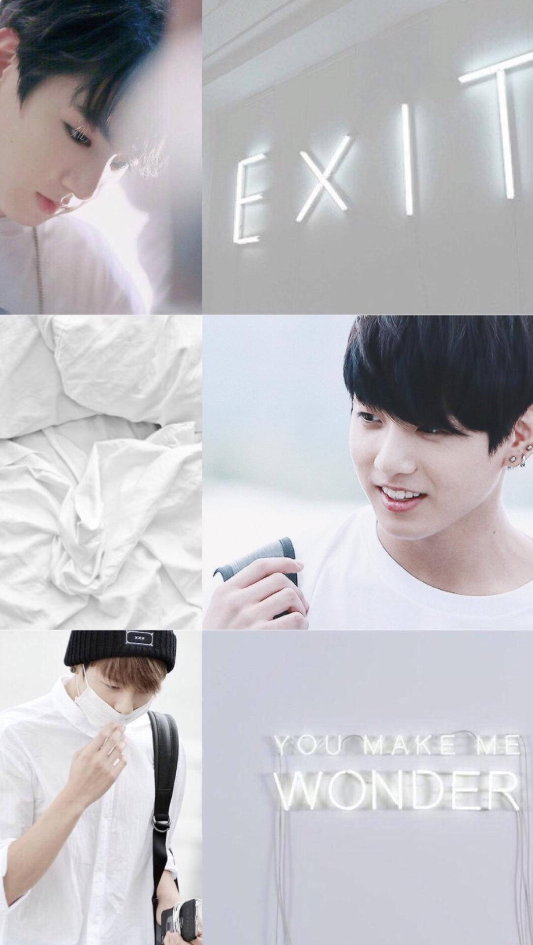 Jungkook Aesthetic 桌布 壁紙 — 一個柔和白色色調的拼貼畫，描繪一位年輕男子在各種自然瞬間，伴隨著發光的霓虹燈牌和皺巴巴的床單。