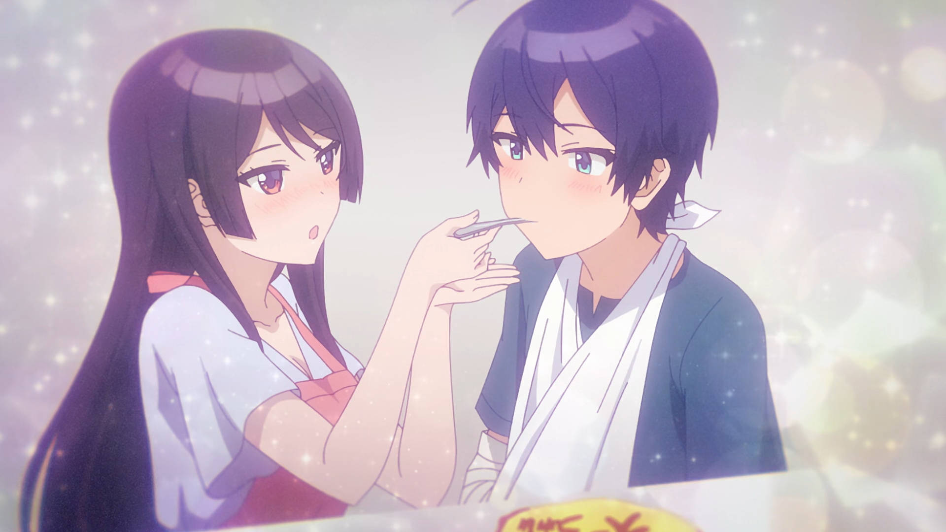 osamake 桌布 壁紙 — 一個柔和的動漫場景，女孩用湯匙輕輕餵男孩，背景閃爍夢幻。