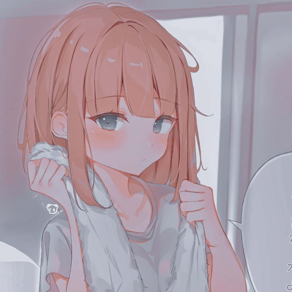 Cute Aesthetic Profile 桌布 壁紙 — 一個柔和的動漫女孩，有著蜜桃色頭髮和藍色眼睛，害羞地拉起連帽衫，在柔和色調的房間裡輕輕臉紅。