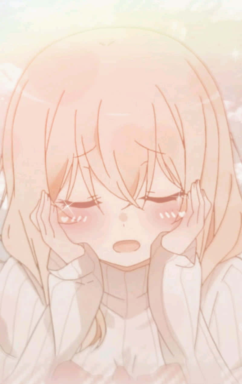 動漫女孩 桌布 壁紙 — 一個柔和的動漫女孩，桃色頭髮，臉頰泛紅，雙手掩面，表情害羞或尷尬。