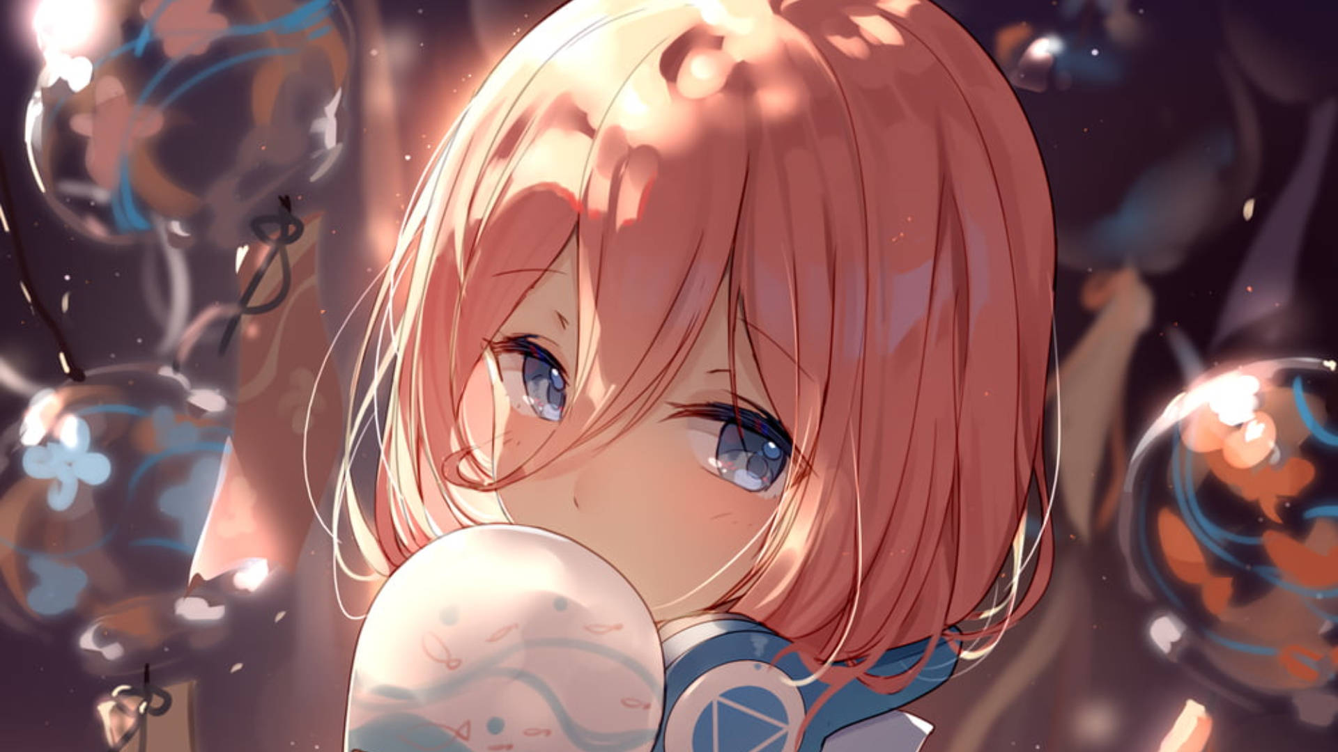miku 桌布 壁紙 — 一個柔和的動漫女孩，粉紅色頭髮和藍色眼睛，溫柔地凝視著，同時手持一個被浮動氣泡包圍的發光球體。
