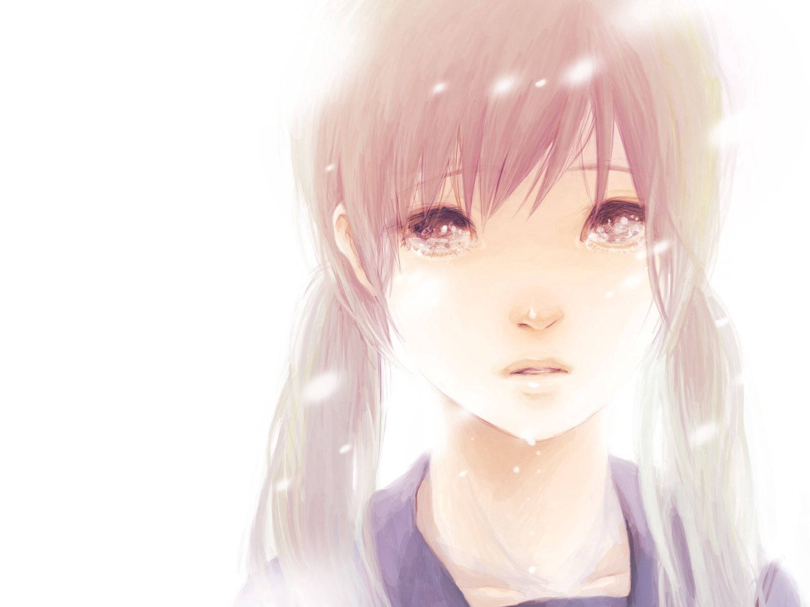 初音未來 桌布 壁紙 — 一個柔和的動漫女孩，粉紅色頭髮和發光的眼睛，在明亮的白色背景中，雪花飄落，她溫柔地凝視著。