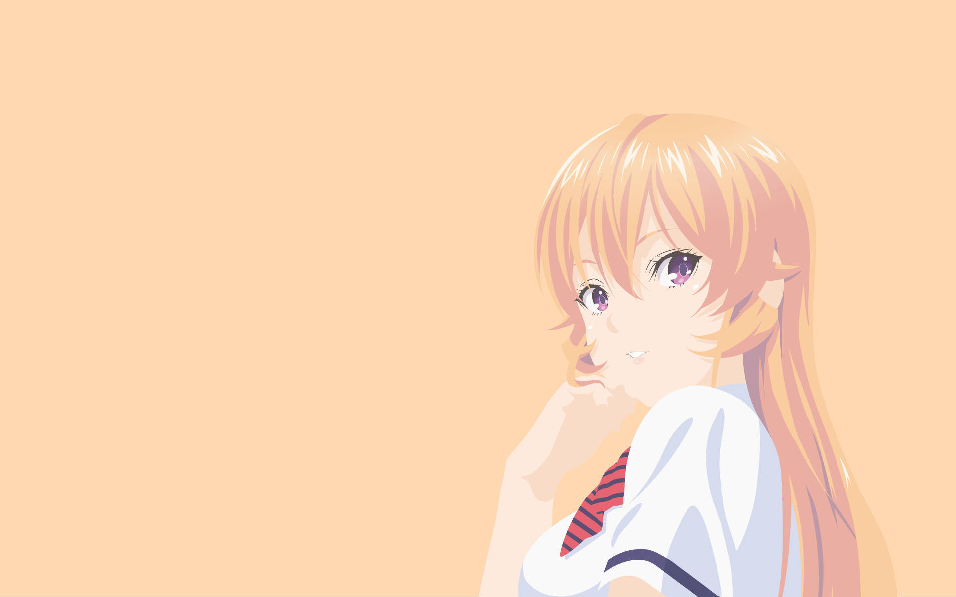 food wars shokugeki no soma 桌布 壁紙 — 一個柔和的動漫女孩，金髮紫眼，在溫暖的桃色背景下若有所思地凝視。
