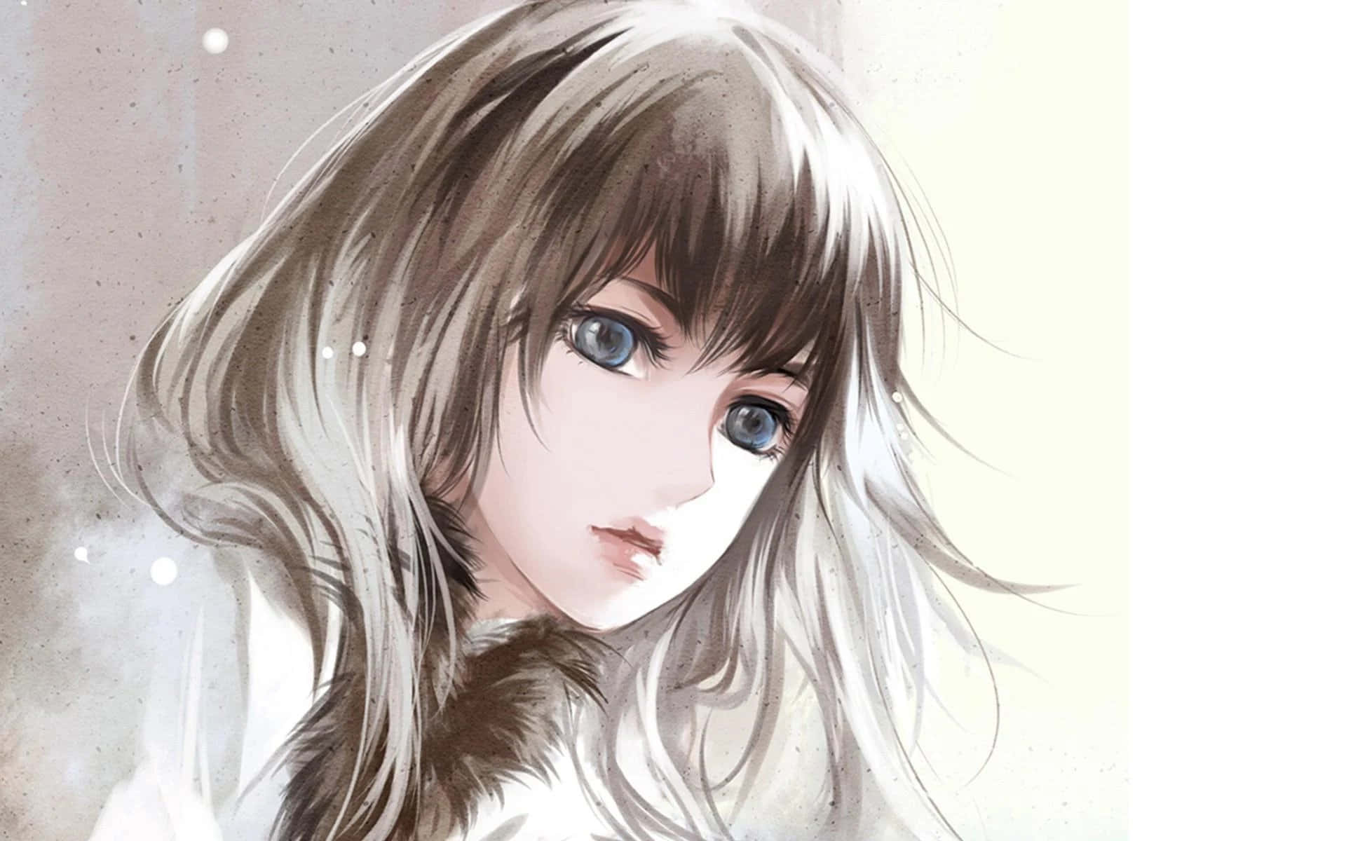 動漫頭像 桌布 壁紙 — 一個柔和的動漫女孩，長著灰色長髮和藍色眼睛，在帶有漂浮光粒子的柔和背景下溫柔地凝視。