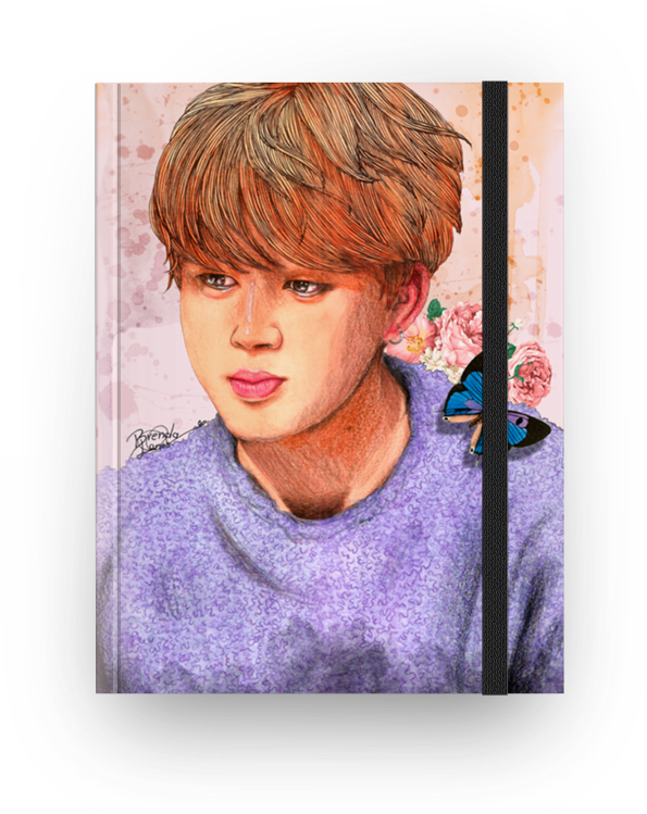 BTS 桌布 壁紙 — 一個柔和的數位肖像，一個年輕男子，橙色頭髮，紫色毛衣，一隻藍色蝴蝶停在他的肩膀上，背景是花卉圖案。