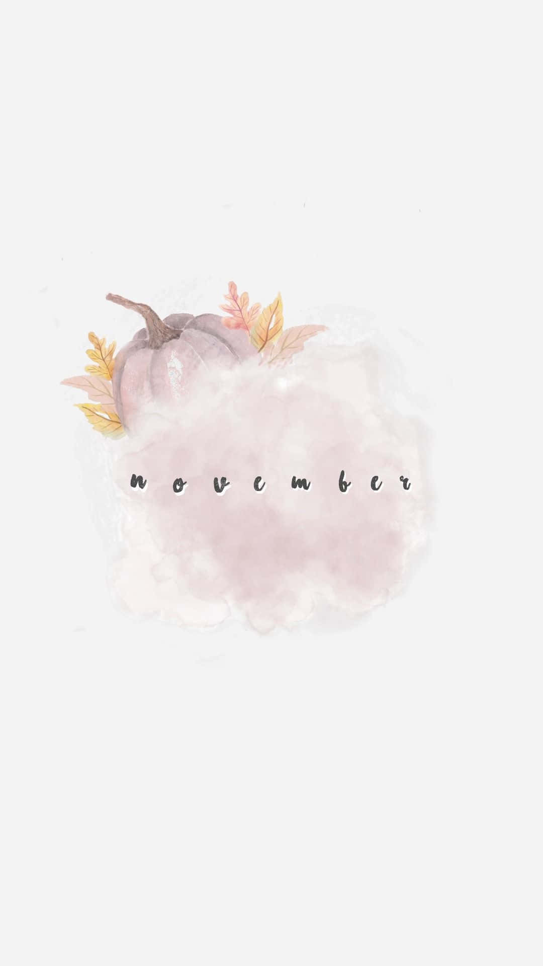 Aesthetic November 桌布 壁紙 — 一個柔和的水彩南瓜，配上秋葉，放在粉紅色的雲朵上，下方寫有「november」字樣。