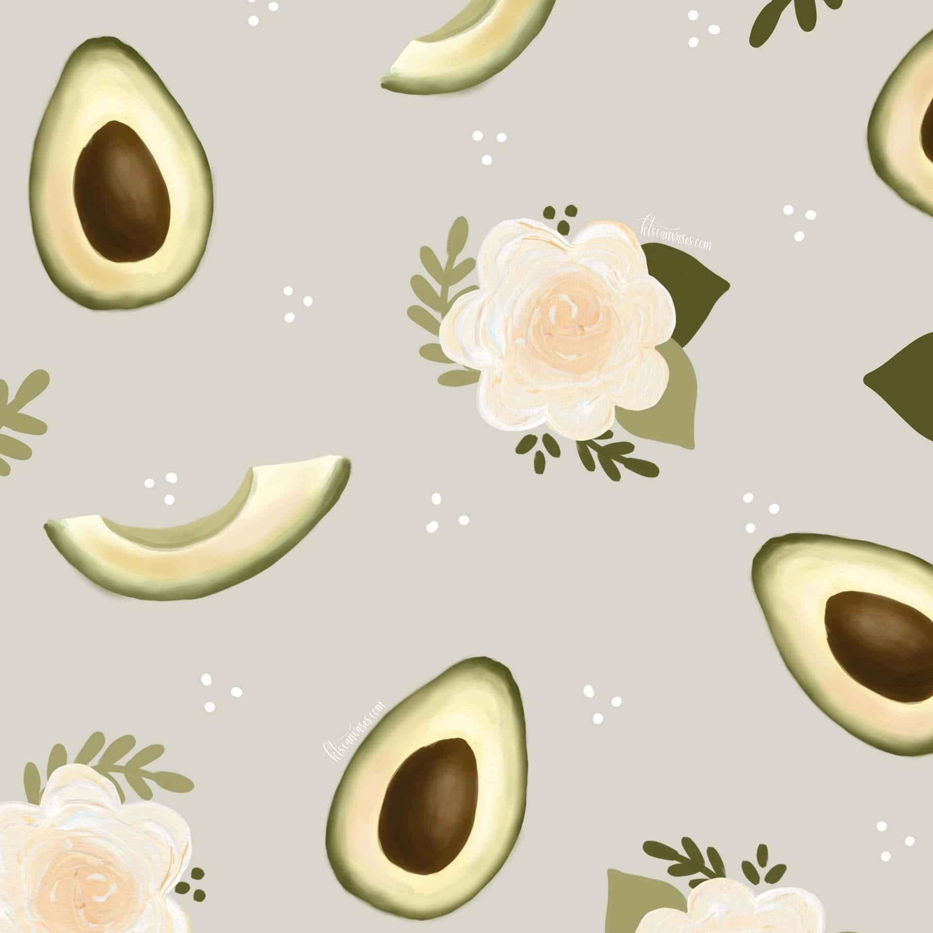 Cute Avocado 桌布 壁紙 — 一個柔和的粉彩圖案，包含切片酪梨和奶油玫瑰，搭配綠色葉子，背景為米色。