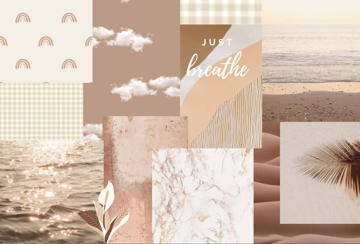 Neutral Aesthetic 桌布 壁紙 — 一個柔和的粉彩拼貼，包含海灘波浪、雲朵、大理石紋理和彩虹，還有「就是呼吸」這句話。