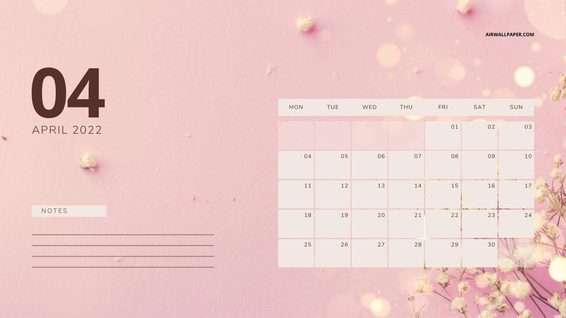 April 桌布 壁紙 — 一個柔和的粉紅色2022年4月月曆，帶有精緻的滿天星花朵和散景燈光，背景有紋理。