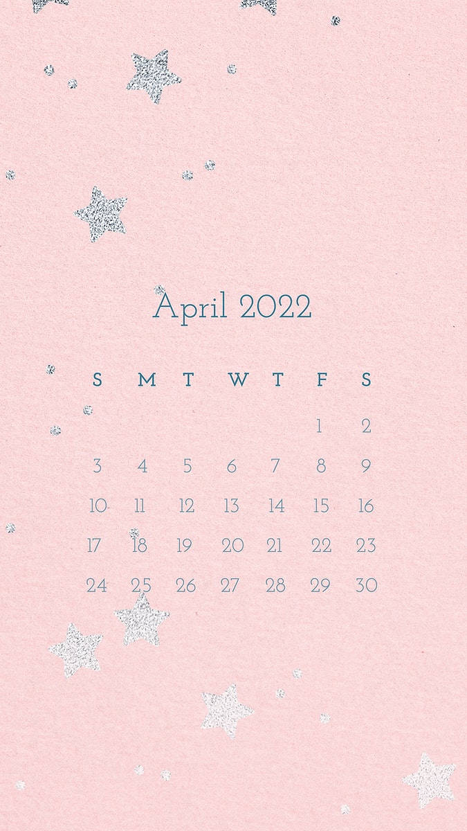 手機 桌布 壁紙 — 一個柔和的粉紅色2022年4月月曆，點綴著散落在紋理紙上的銀色亮粉星星。