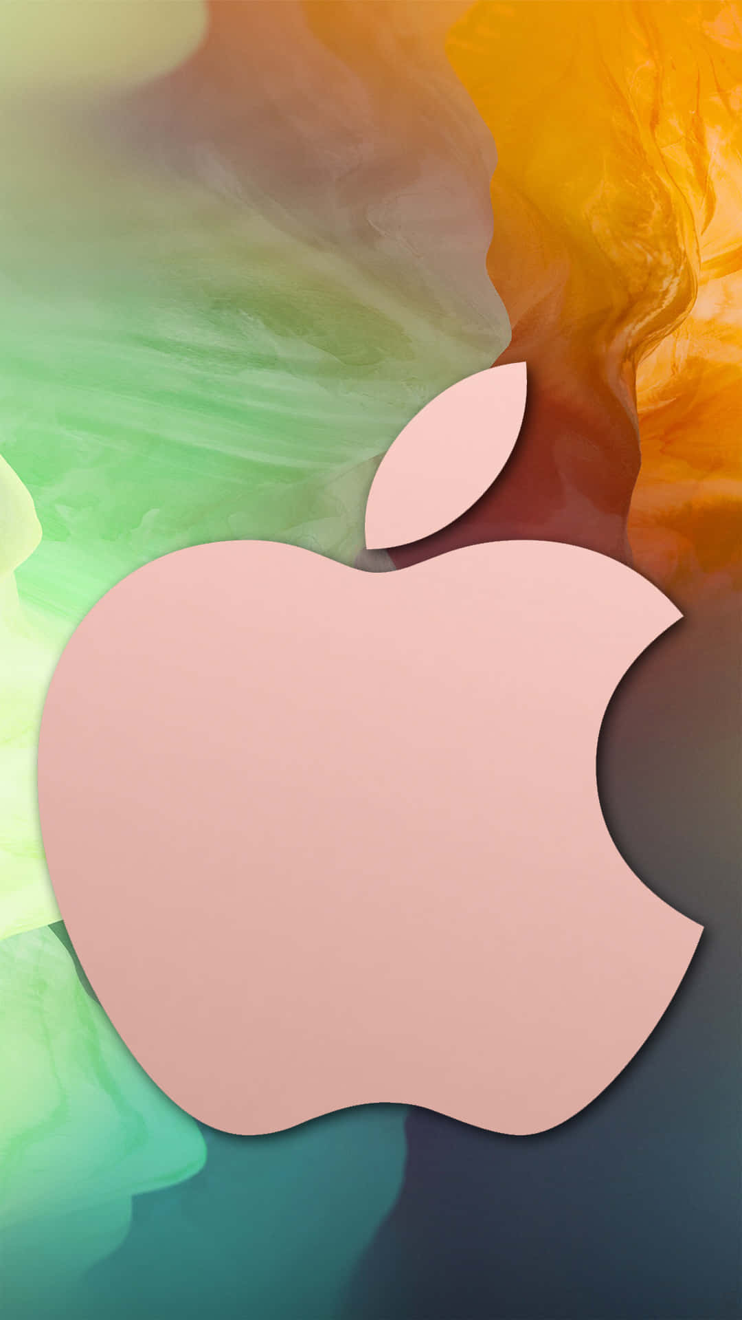 蘋果 桌布 壁紙 — 一個柔和的粉紅色Apple標誌漂浮在充滿活力的綠色、橙色和藍綠色墨水漩渦漸變上。