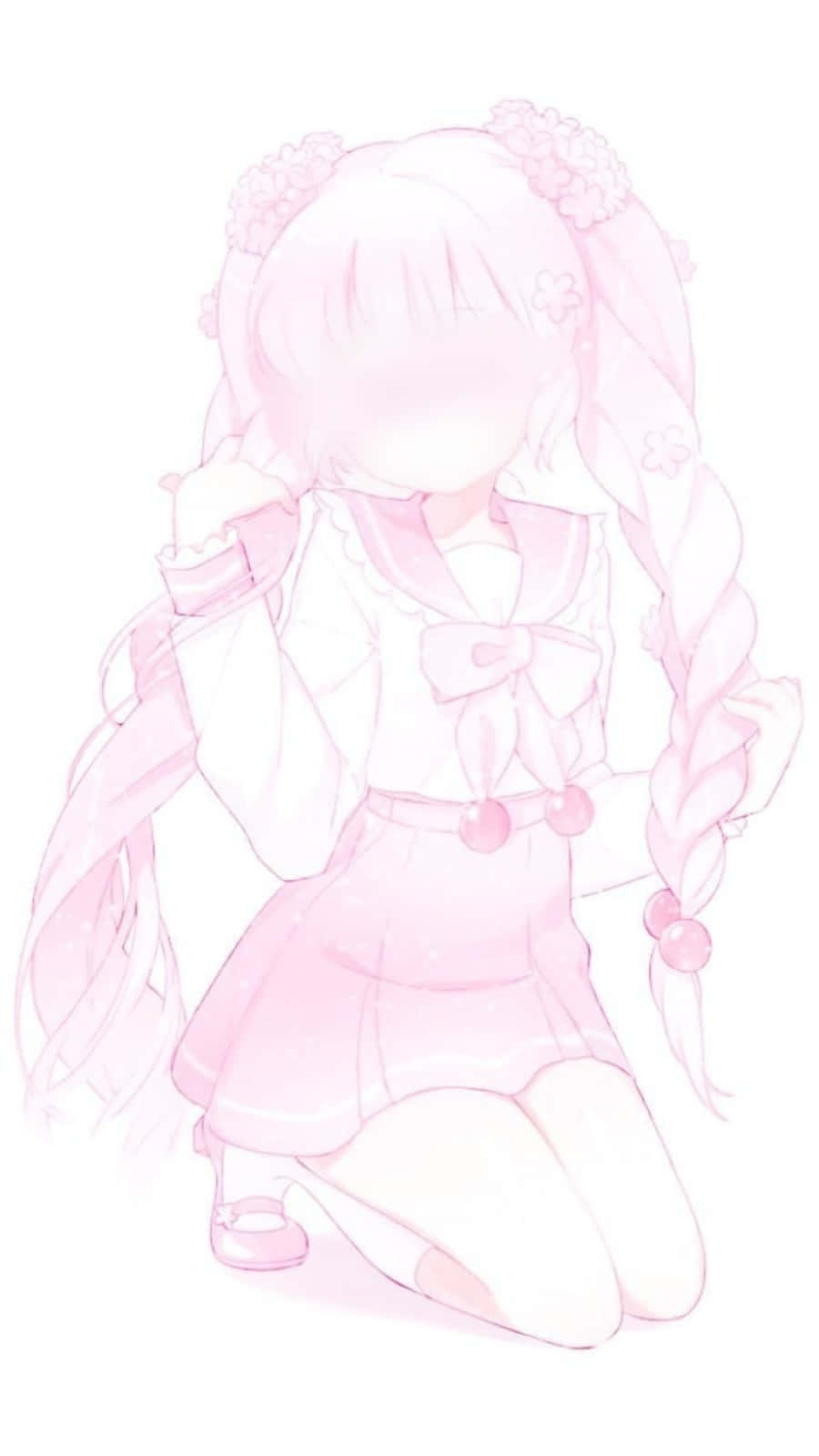 Aesthetic Pink Kawaii 桌布 壁紙 — 一個柔和的粉紅色動漫女孩，帶有花卉辮子，以輕柔的素描風格跪著，陰影極少。