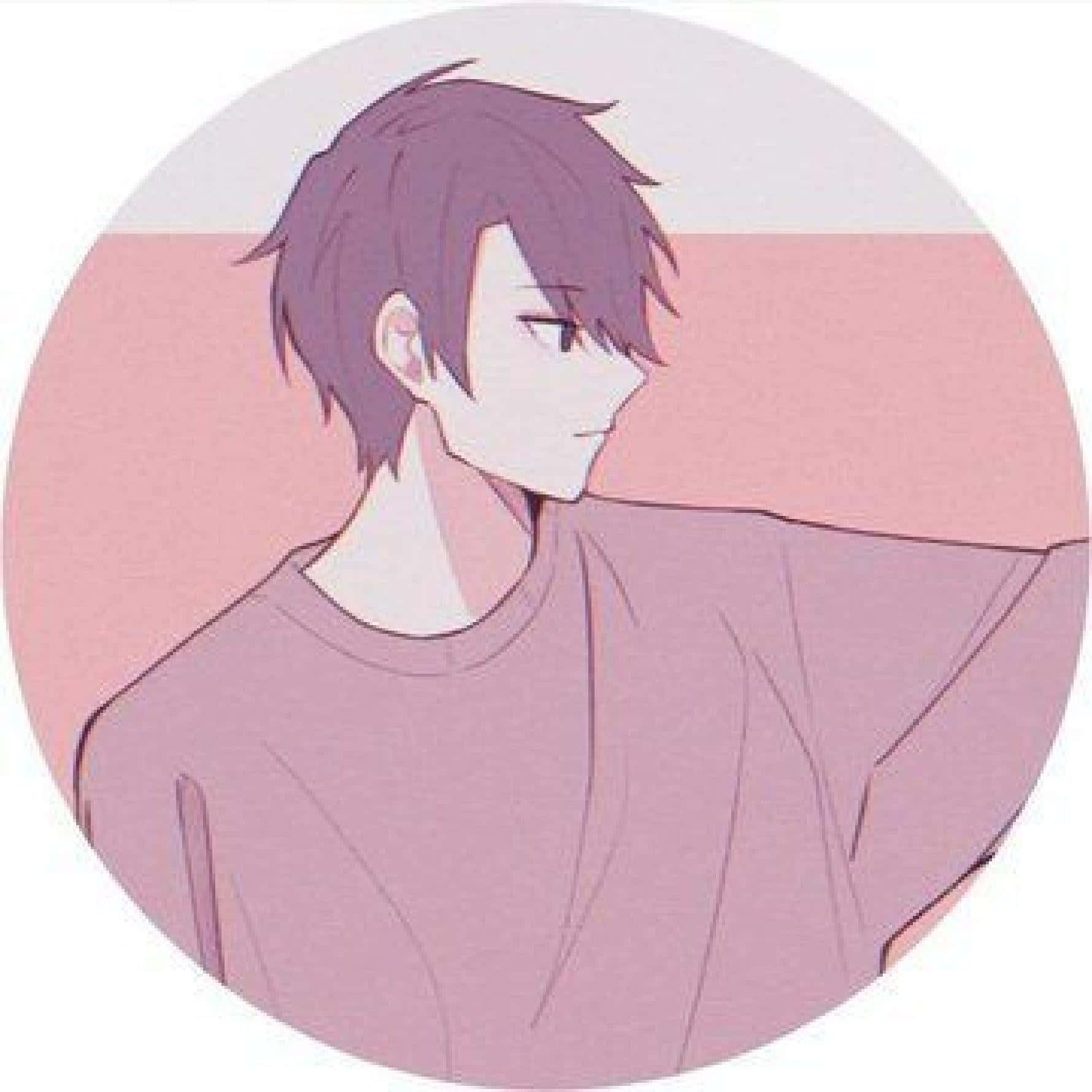 Cute Anime Boy 桌布 壁紙 — 一個柔和的粉紅色動漫男孩，頭髮凌亂，在極簡圓形框架中側視。