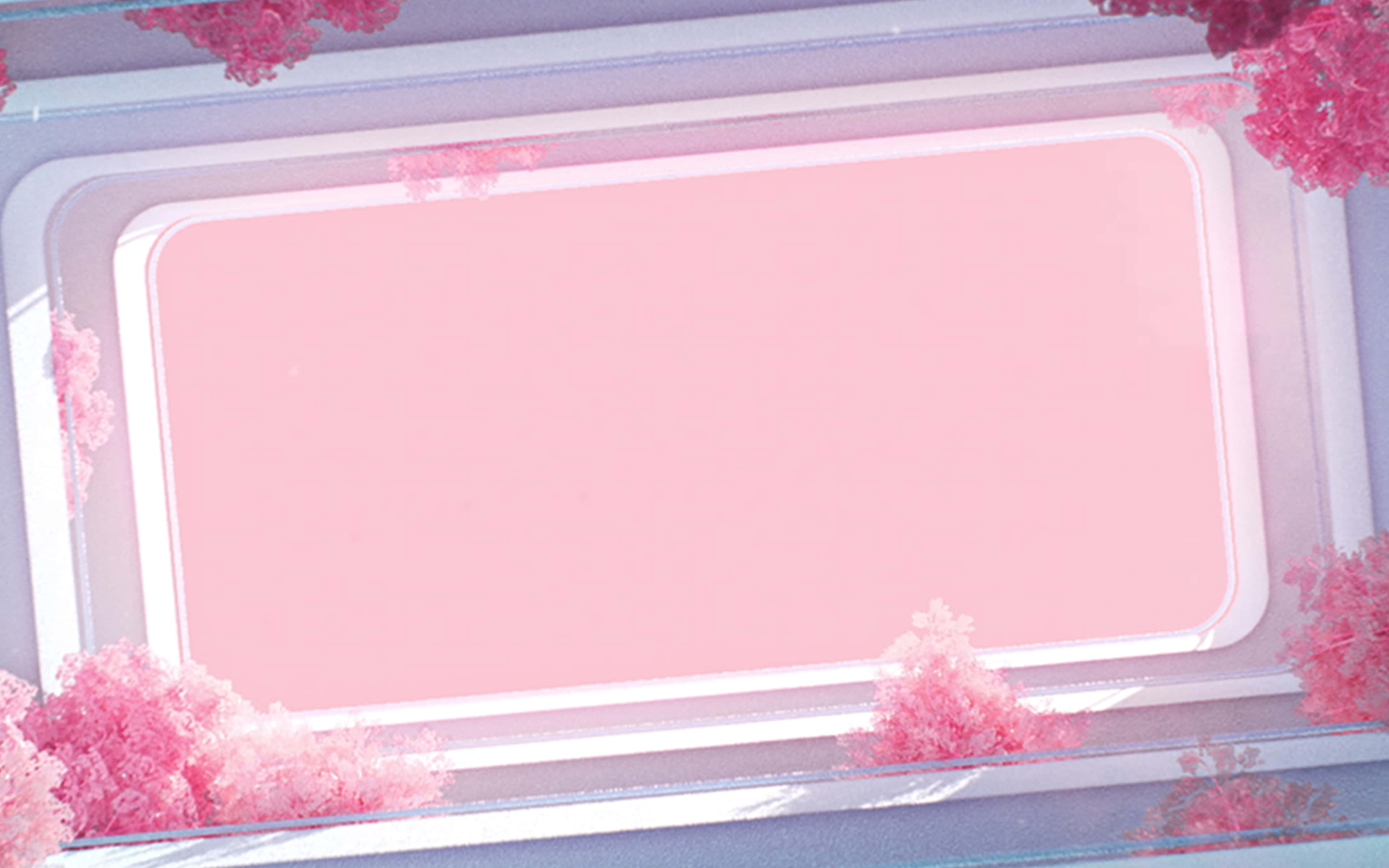 Simple Pink 桌布 壁紙 — 一個柔和的粉紅色長方形框架，周圍環繞著蓬鬆的粉紅色花簇，背景為淺紫色。