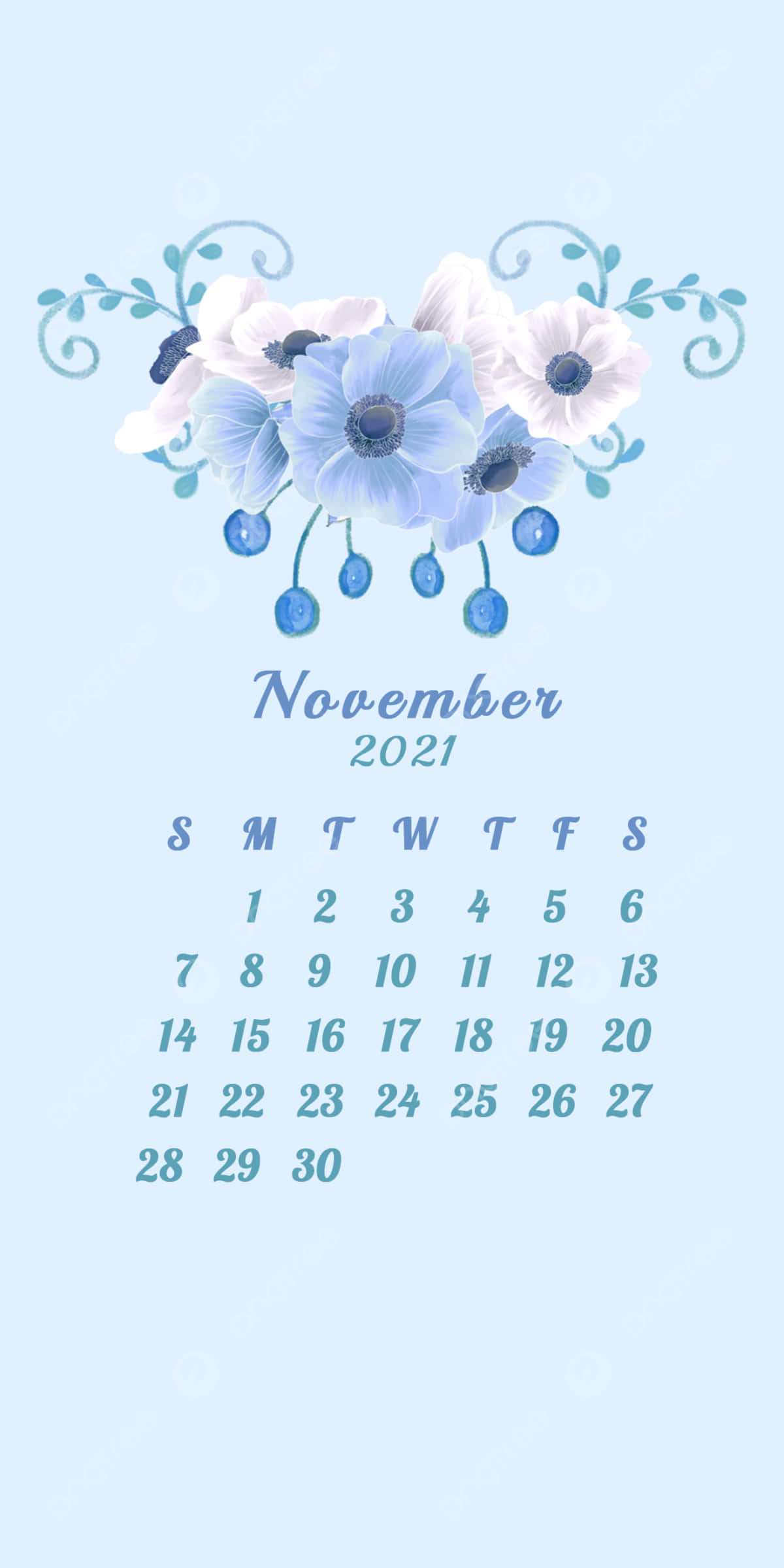 花卉 桌布 壁紙 — 一個柔和的藍色2021年11月月曆，飾有精緻的藍白花朵和旋轉的藤蔓，背景為淺藍色。