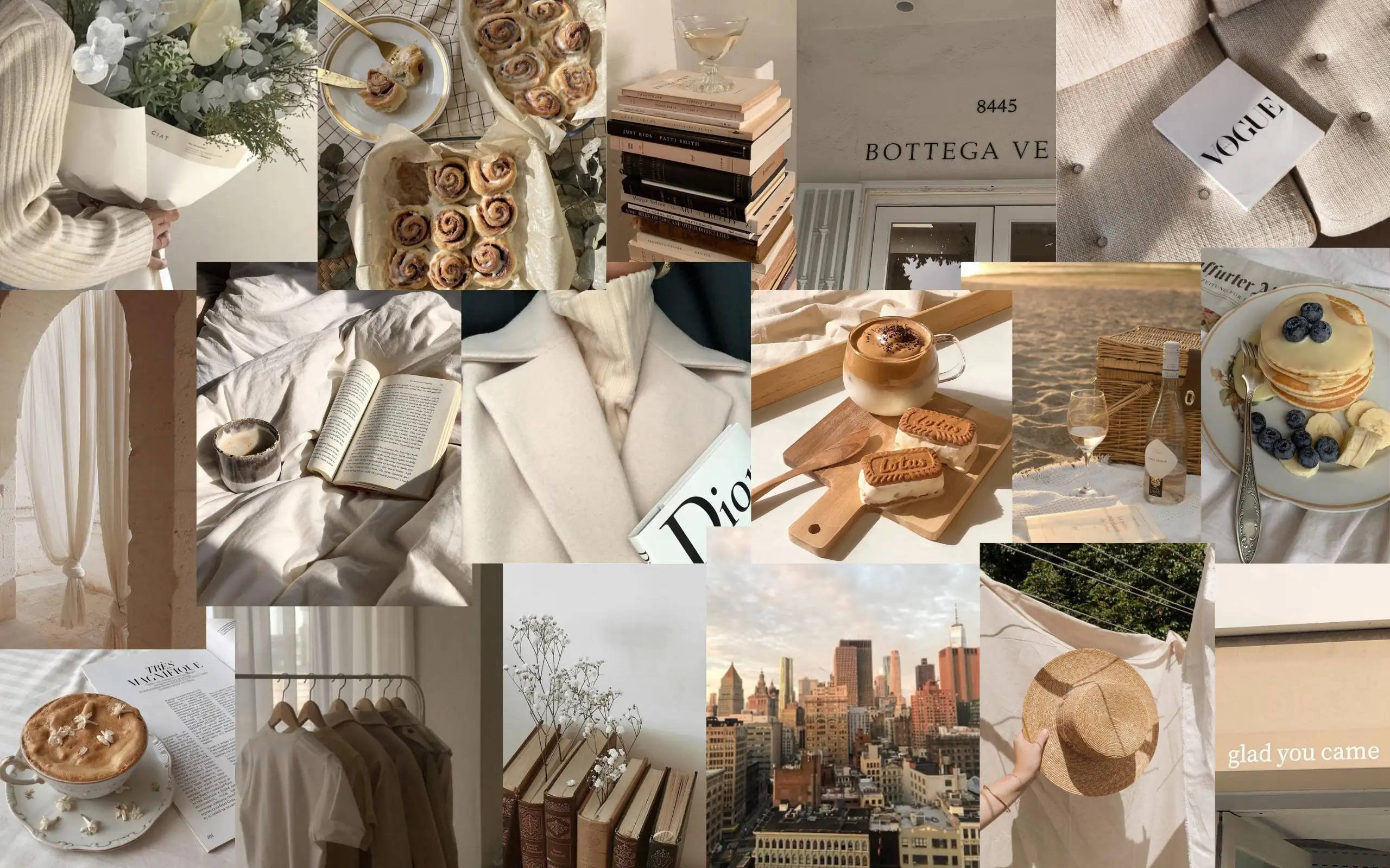 Beige Minimalist 桌布 壁紙 — 一個柔和米色調的拼貼畫，展現舒適的生活時刻，包括糕點、書籍、咖啡和沐浴在溫暖自然光中的城市景觀。