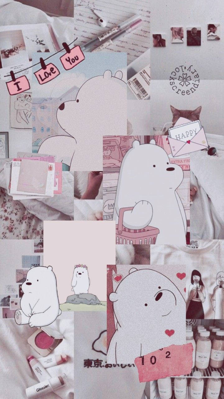 熊熊遇見你 桌布 壁紙 — 一個柔和粉彩拼貼， featuring We Bare Bears 角色、手寫筆記、化妝品和照片，排列在舒適的床罩上。